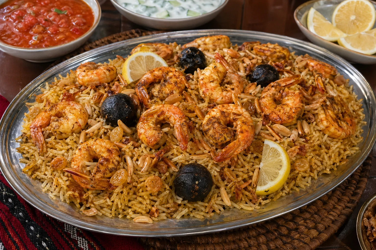 طبق مجبوس روبيان بحريني بأرز مفلفل ومتبل مع الليمون الأسود والبهارات الخليجية في طبق تقديم فخم