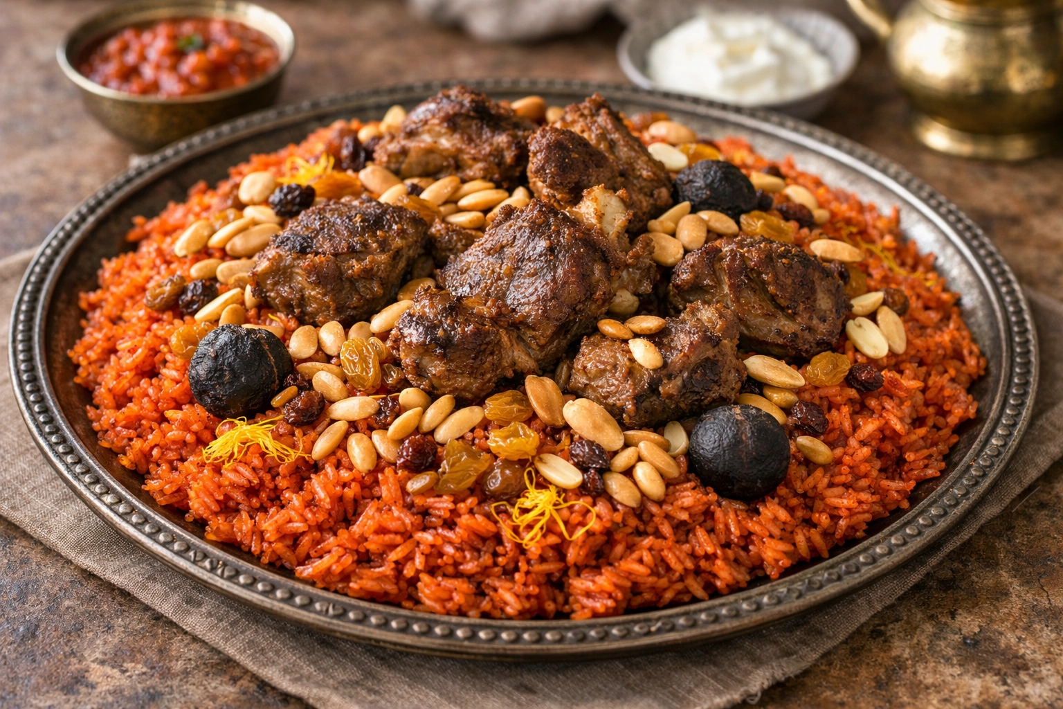 طريقة-عمل-طبق أرز محمر بحريني بلون أحمر طبيعي زاهٍ، مع قطع لحم الضأن المتبلة بالهيل والزعفران، ومزين باللوز والصنوبر المحمص