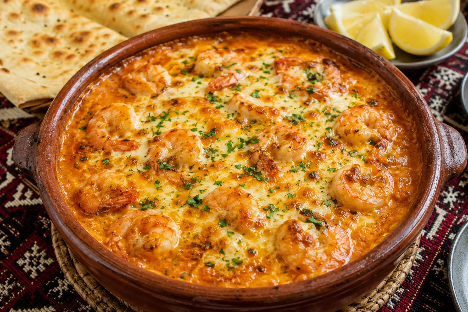 طاجن روبيان بحريني بالطماطم والجبنة بصلصة غنية وذهبية، يقدم في طبق فخاري مع الخبز والليمون على مائدة بحرينية