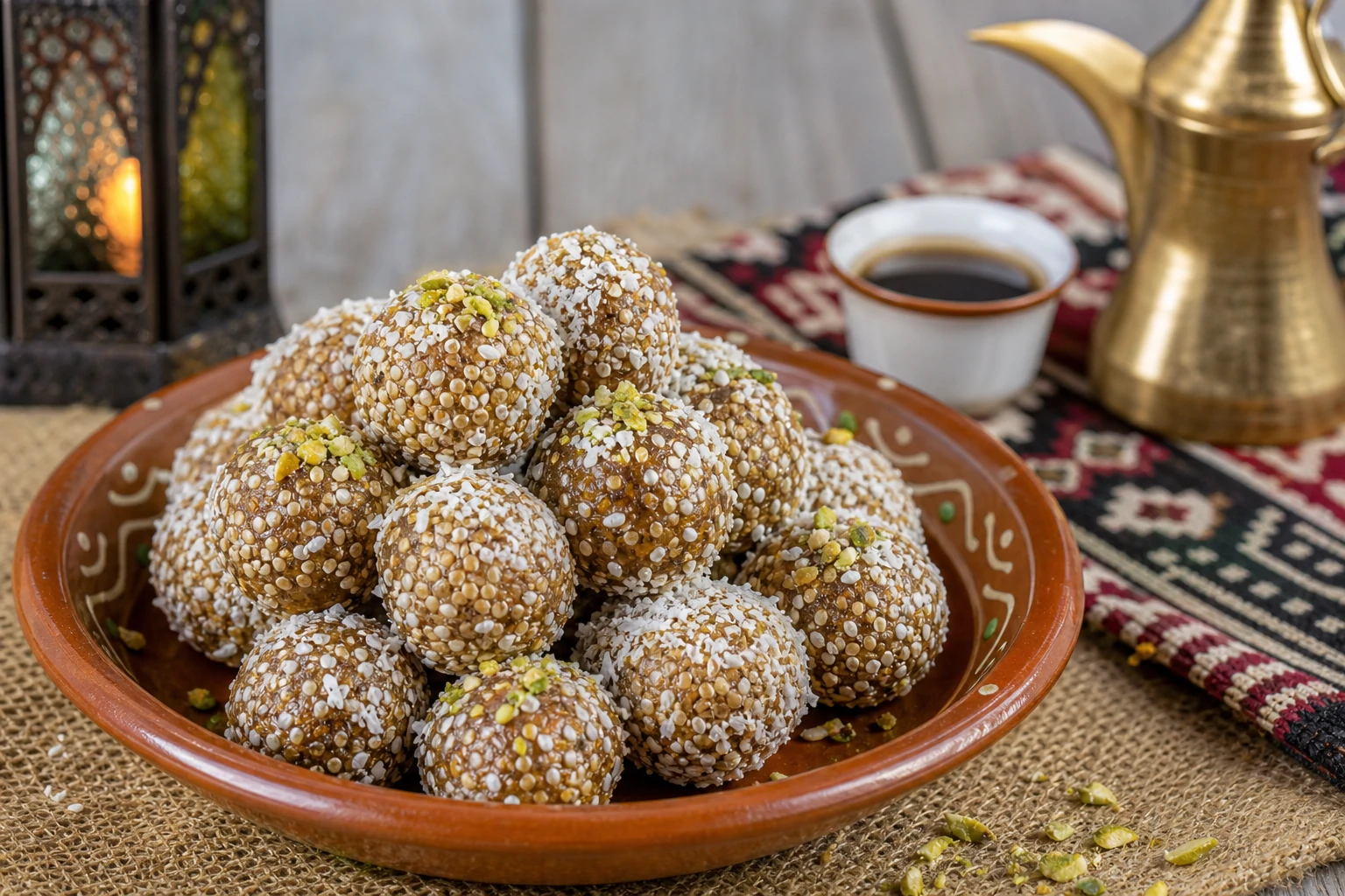 كرات حلوى التمر الهندي البحرينية متماسكة وذهبية مغطاة بالسمسم وجوز الهند، تقدم في طبق فخاري صغير مع قهوة عربية