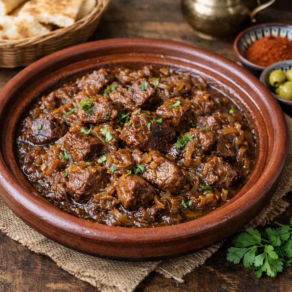 طريقة-عمل-طاجن لحم بالبصل مطهو ببطء في صوص غني ومكثف يُقدَّم بطريقة تقليدية شهية