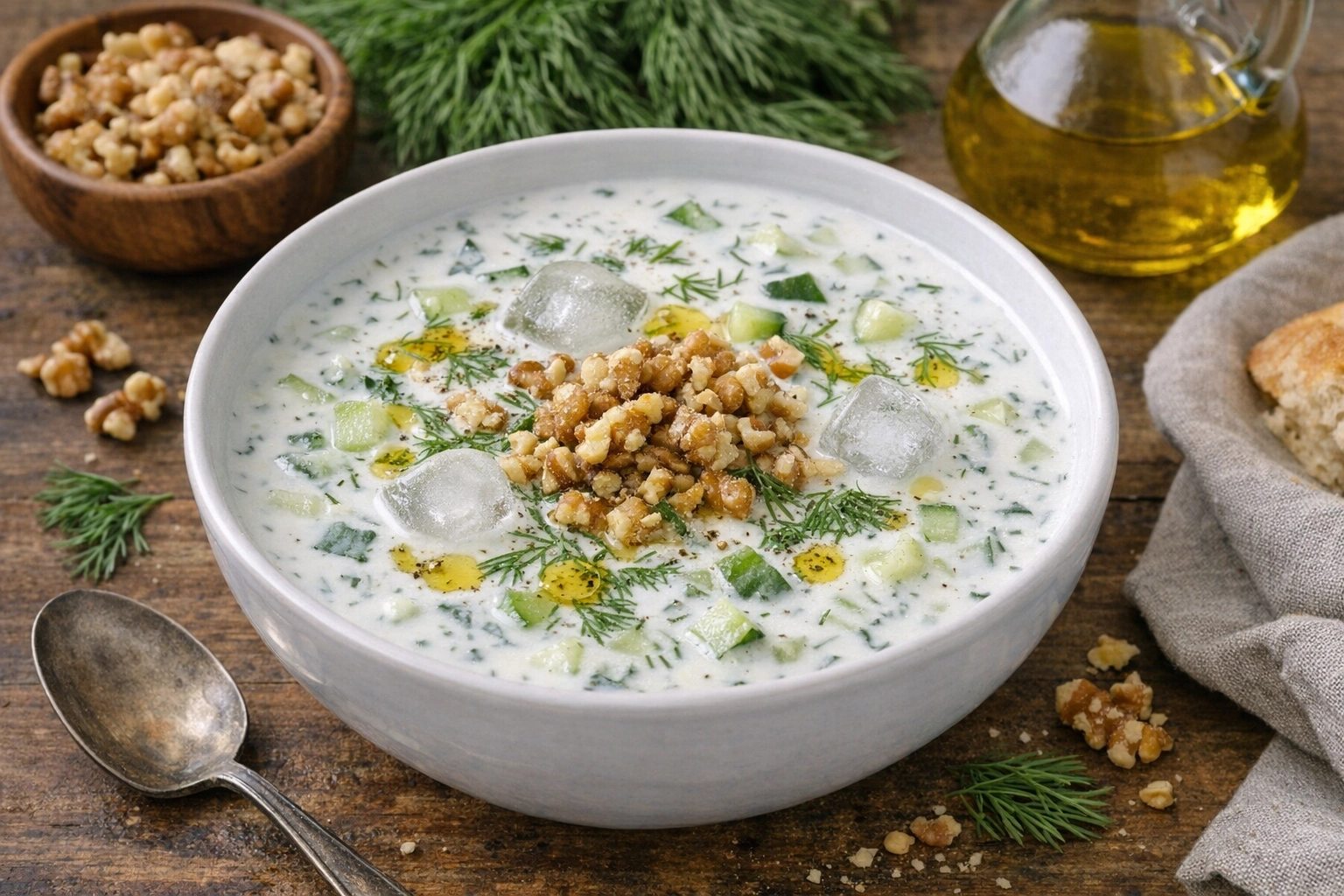 طريقة-عمل-وعاء شوربة تاراتور بلغارية باردة بيضاء كريمية مع مكعبات الخيار والجوز المجروش والشبت الطازج وزيت الزيتون