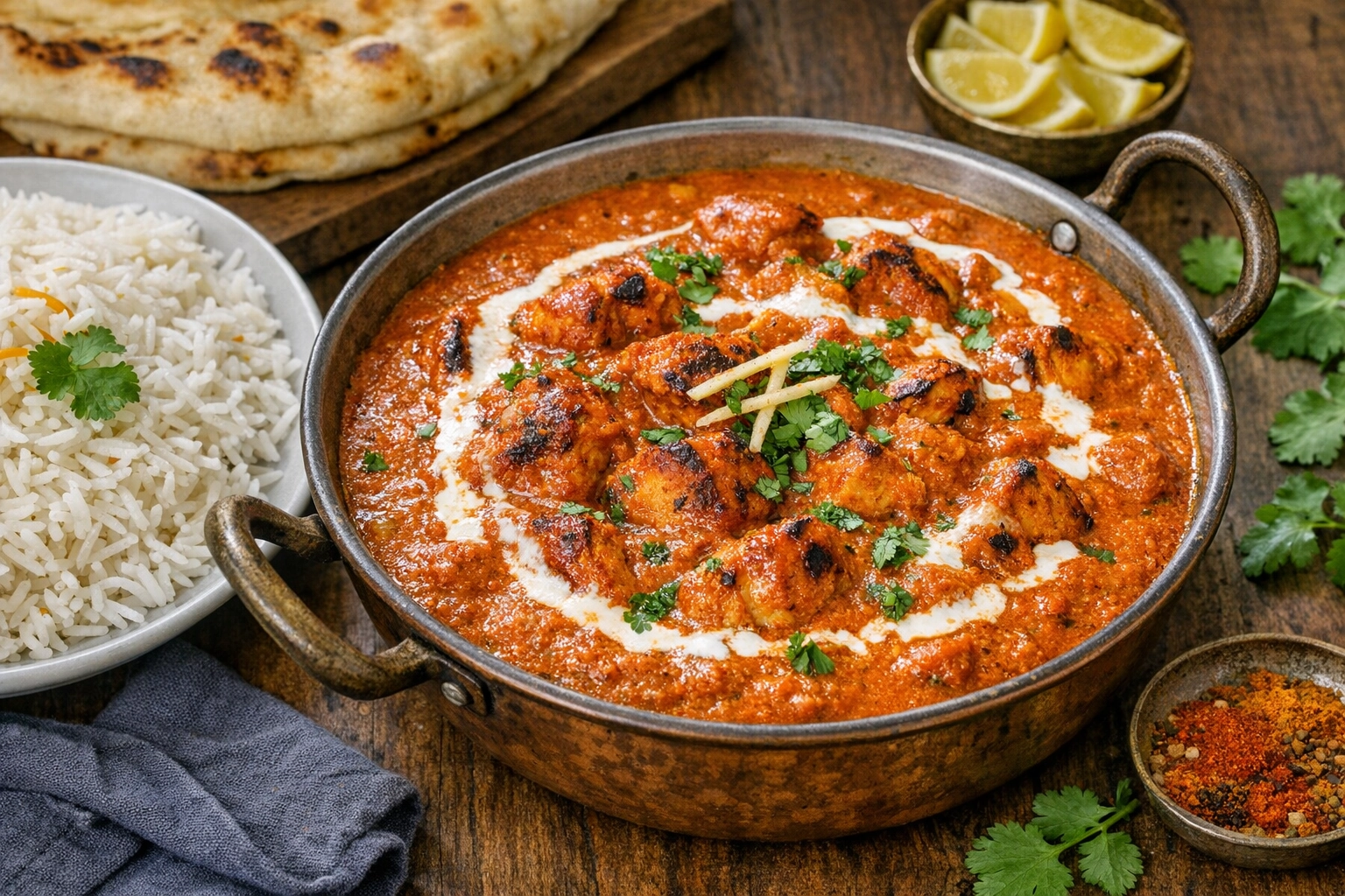 طريقة-عمل-طبق دجاج تكا ماسالا مع قطع الدجاج المشوية بصلصة الكريمة والطماطم الغنية بالتوابل، يقدم مع أرز بسمتي