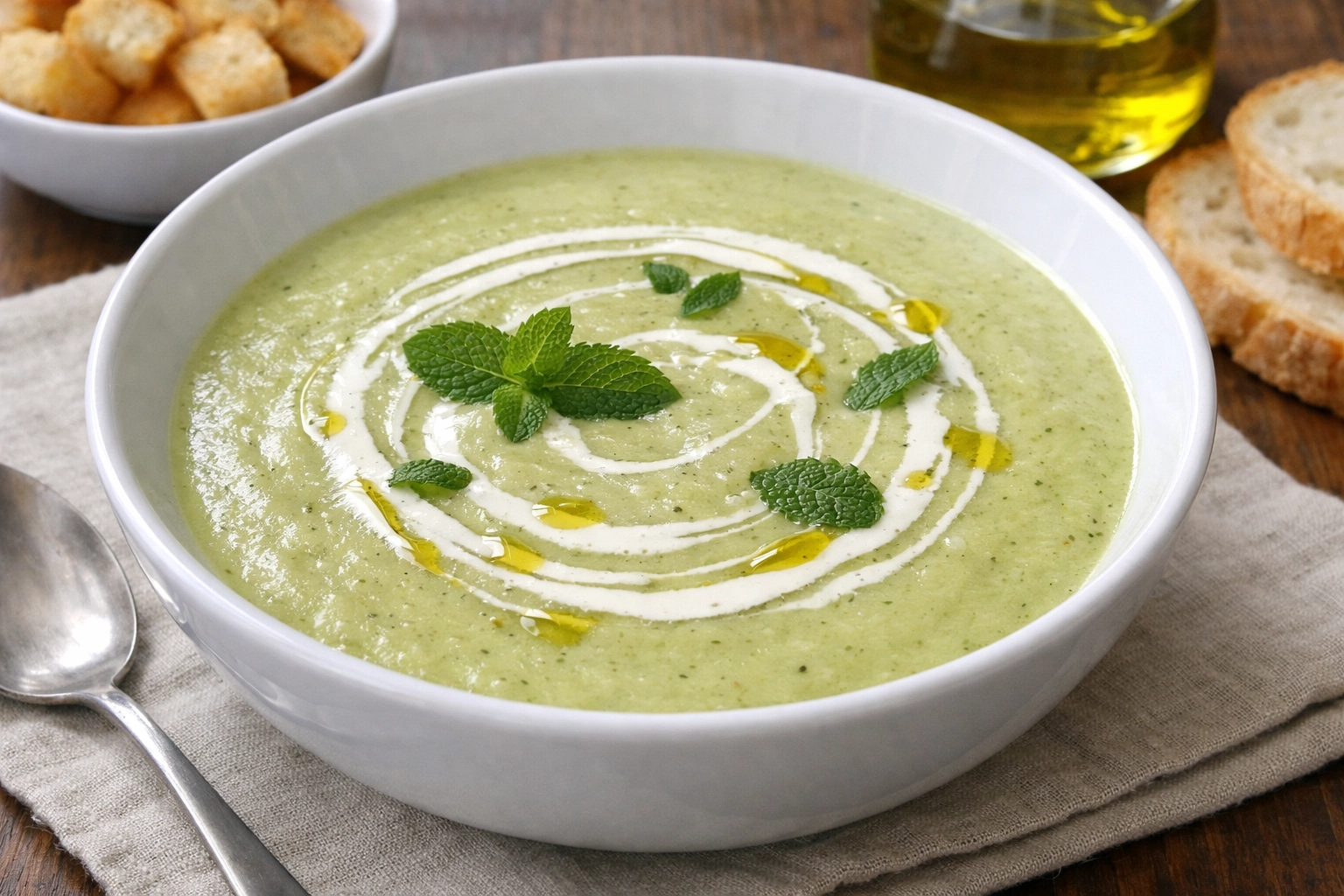 طريقة-عمل-طبق حساء أبيض أنيق يحتوي شوربة كوسا خضراء فاتحة كريمية، مزينة بخطوط من الكريمة الطازجة وأوراق النعناع الخضراء الصغيرة ورذاذ زيت الزيتون