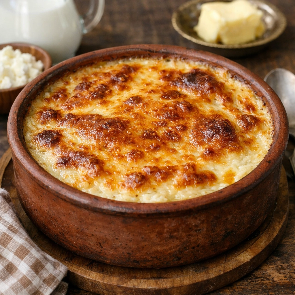 طريقة-عمل-أرز معمر مصري باللبن والقشطة مخبوز في الفرن بقشرة ذهبية تقليدية