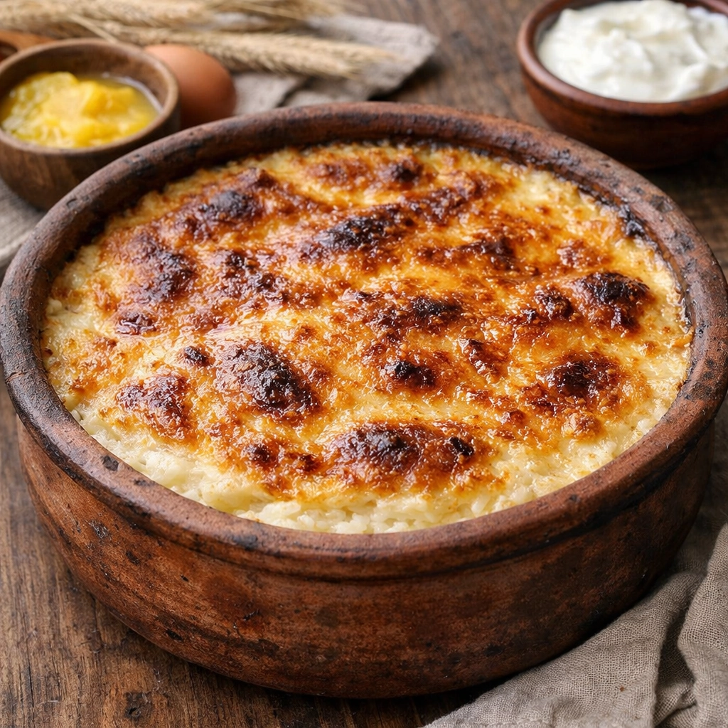 طريقة-عمل-أرز معمر مصري مطهو باللبن والسمنة البلدي ومخبوز في الفرن حتى الوجه الذهبي