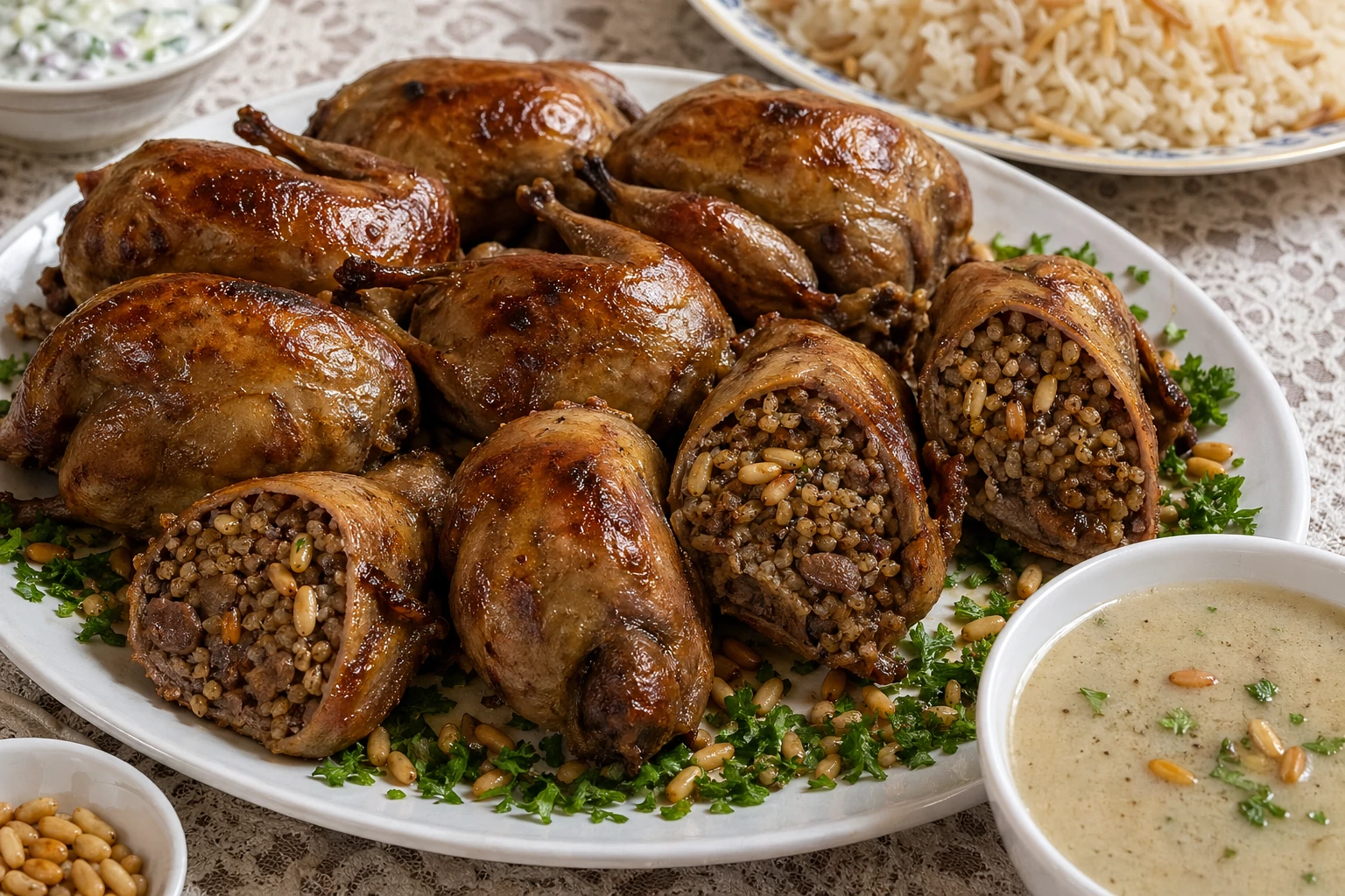 حمام مصري محشي بالفريكة والكبد والقوانص والصنوبر محمر ذهبياً ومقدم في طبق مع الشوربة الغنية بالبهارات البيضاء
