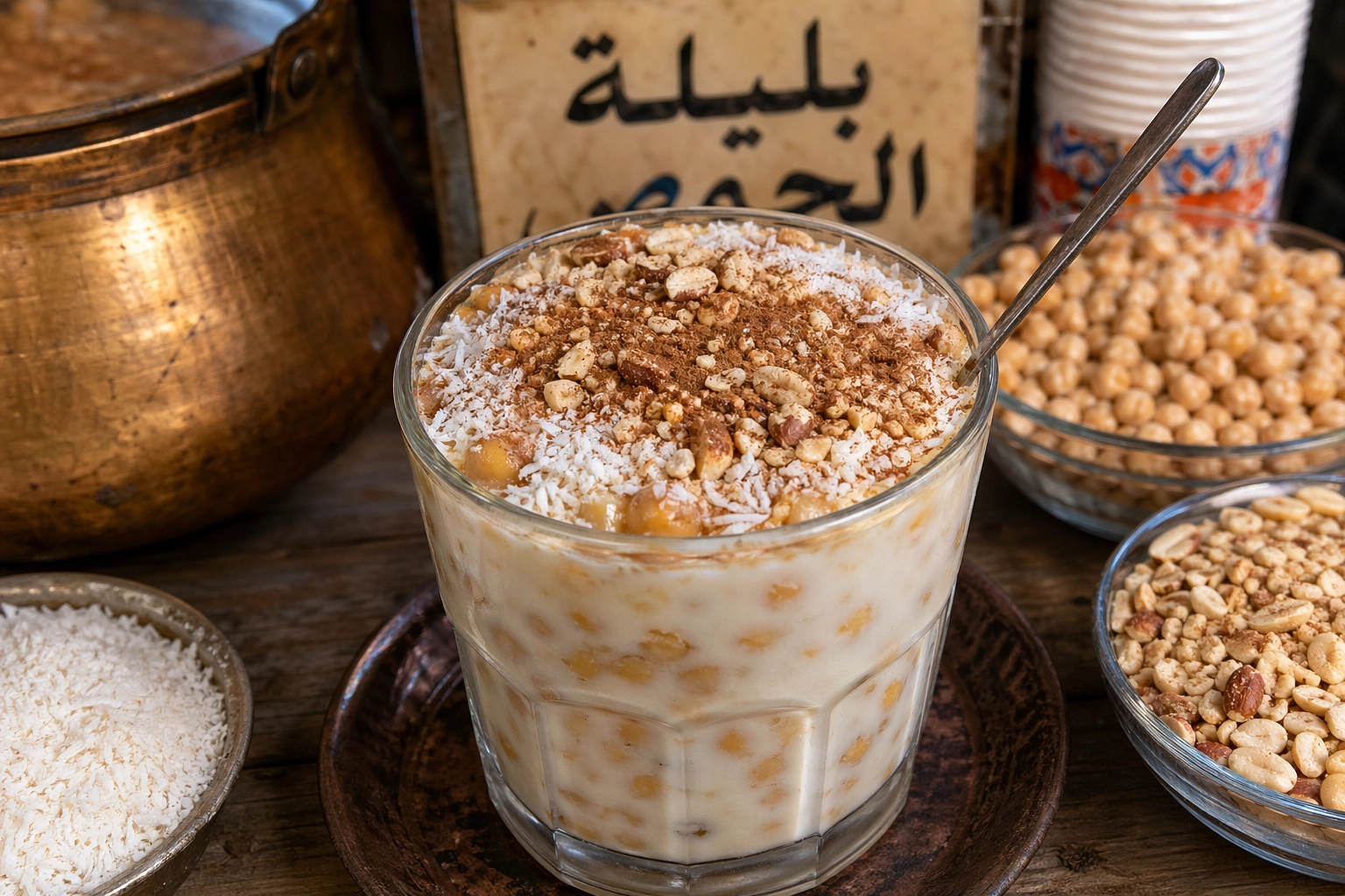 طريقة-عمل-طبق بليلة الحمص الحب المصرية ساخنة في كأس زجاجي مزينة بجوز الهند والقرفة والمكسرات