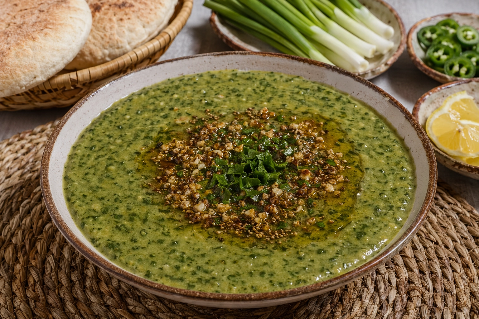 طريقة-عمل-طبق بصارة مصرية خضراء كريمية مزينة بزيت الزيتون والبقدونس الطازج وتقدم مع خبز بلدي وبصل أخضر وفلفل حار