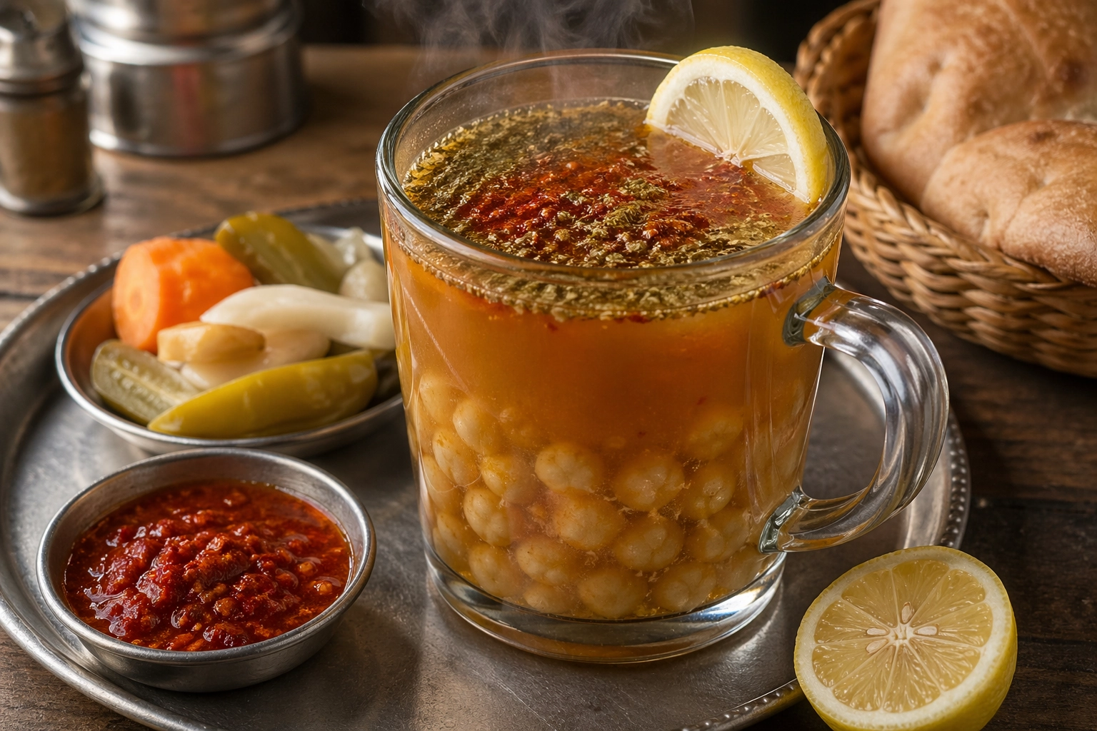 طريقة-عمل-كوب شفاف من حمص الشام المصري الساخن بحبات الحمص الذهبية في قاع الكوب وماء التتبيلة الأحمر المتبل بالكمون والشطة مع عصرة ليمون طازج على الوجه