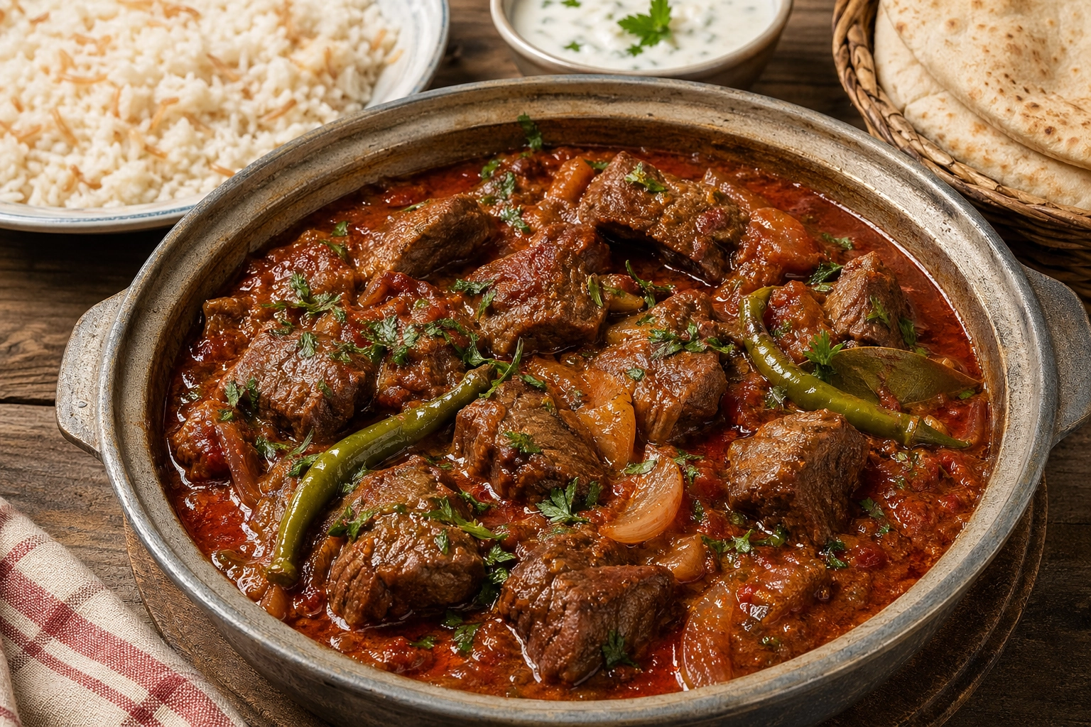 طريقة-عمل-طبق كباب حلة مصري شهي، قطع لحم طري محمرة تسبح في صلصة طماطم غنية بالأعشاب، يزينه فلفل أخضر وفلفل حار، ويقدم مع أرز أبيض وخبز بلدي