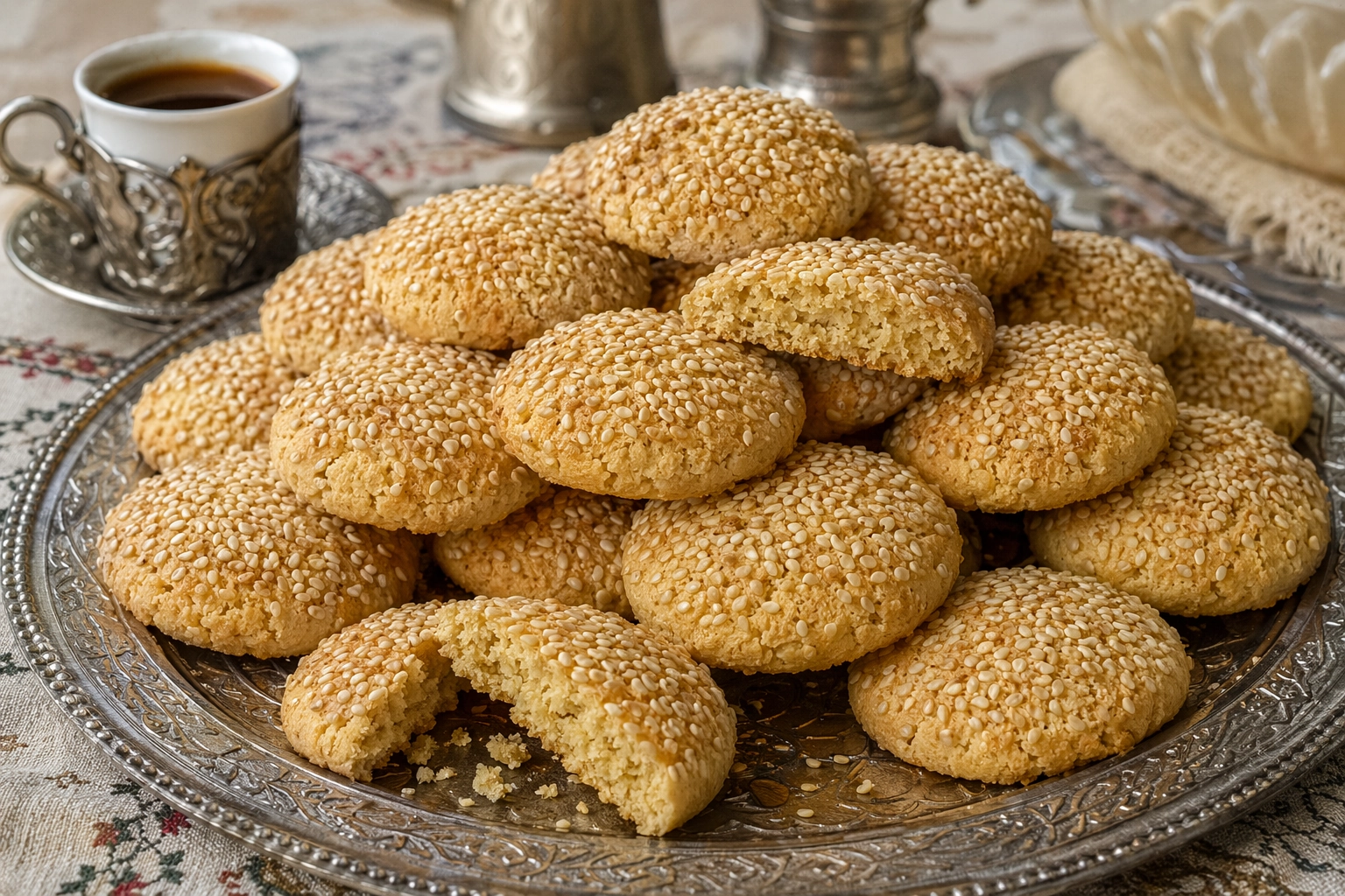 طريقة-عمل-أقراص كحك عجل بلدي مصرية ذهبية اللون ومستديرة، مزينة بحبات السمسم المحمص، مرصوصة في طبق كبير، بجانبها فنجان قهوة تركي، وبعض الأقراص مكسورة تظهر قوامها المبروم الهش