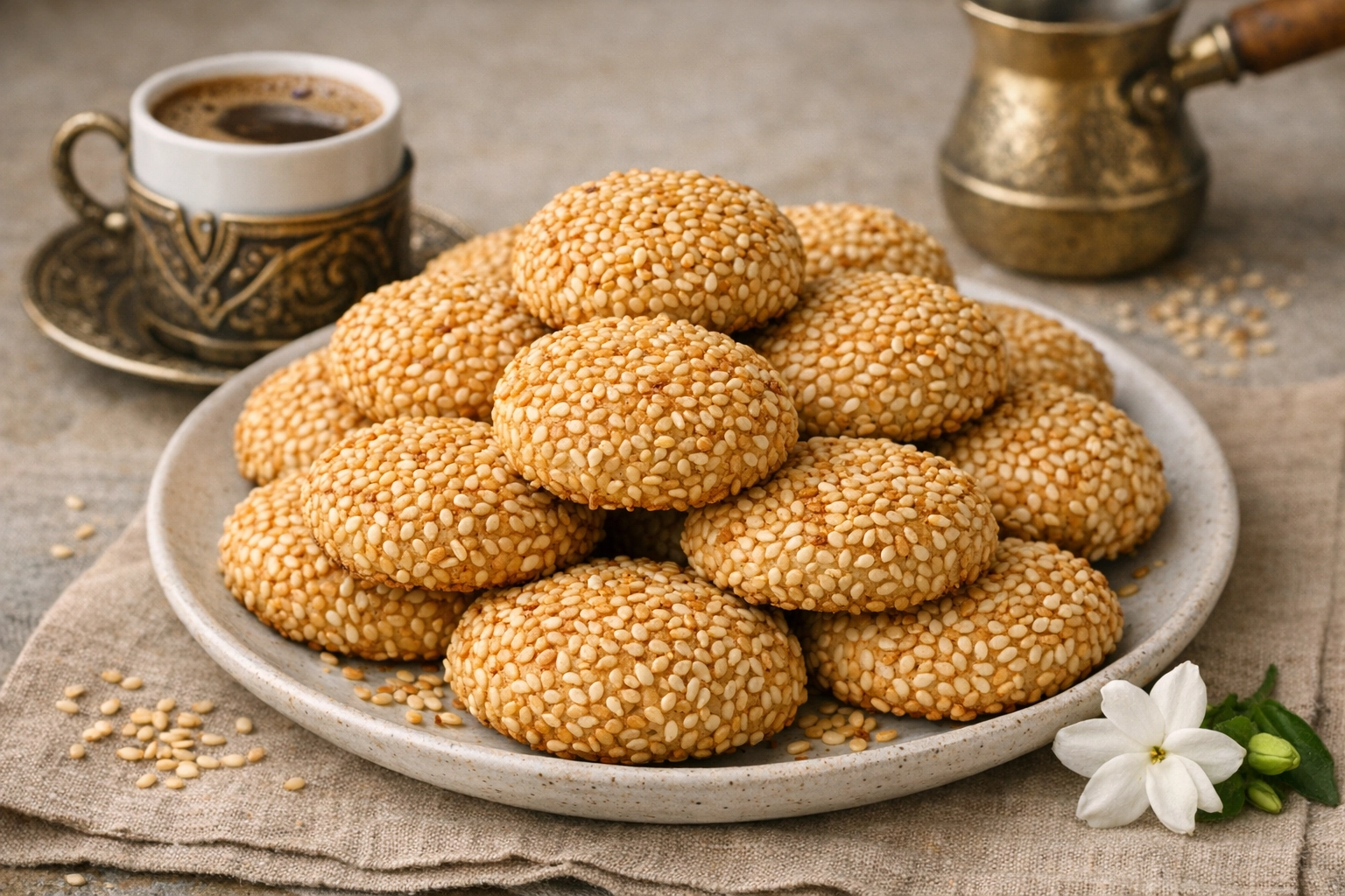طريقة-عمل-طبق من الكحك المغطى بحبات السمسم الذهبية المحمصة، مع فنجان قهوة تركية وزهرة ياسمين
