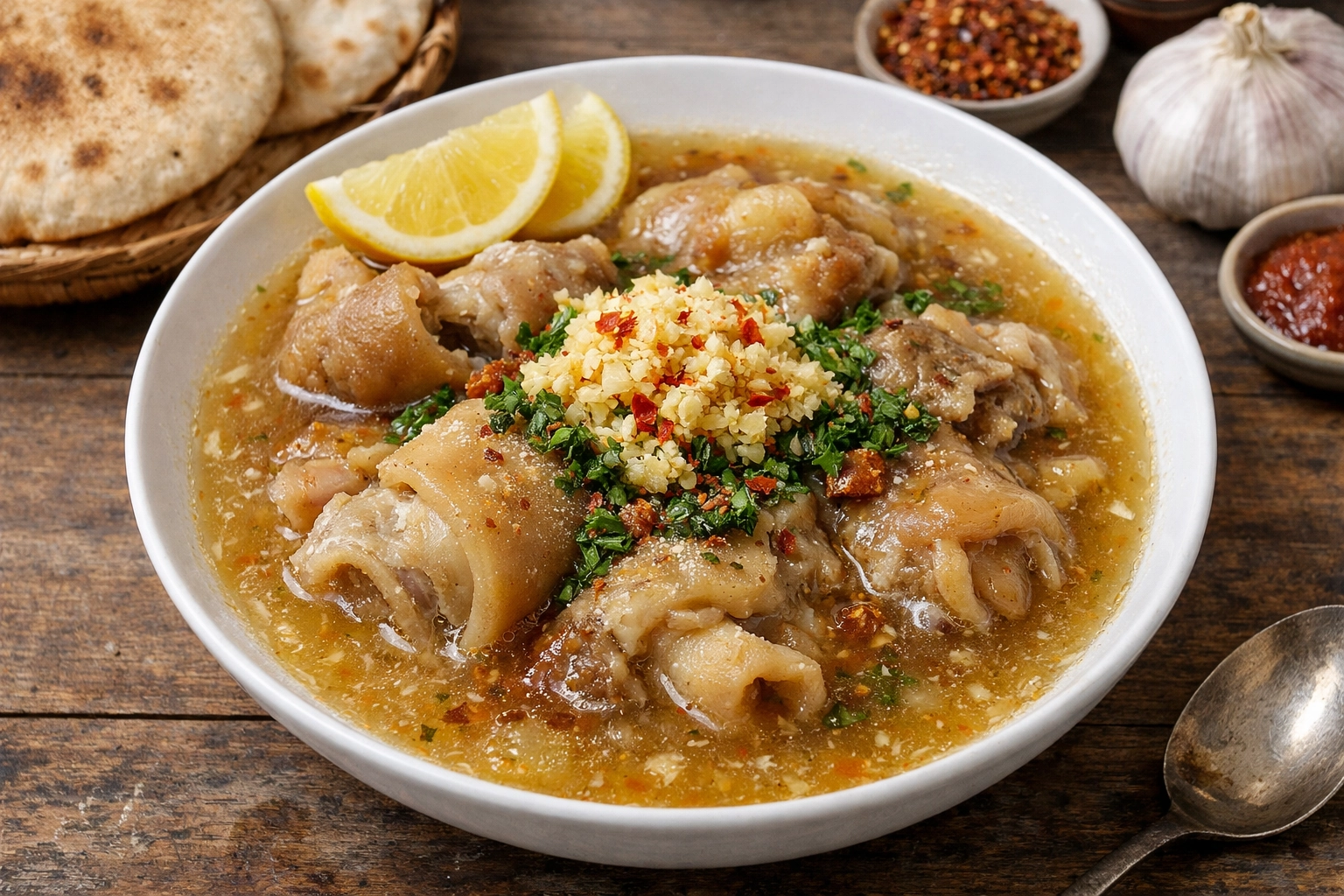 طريقة-عمل-طبق عميق من الكوارع المصرية في شوربة ثقيلة تشبه الجيلاتين، مزينة بالثوم المهروس والليمون والبقدونس الطازج، مع خبز بلدي