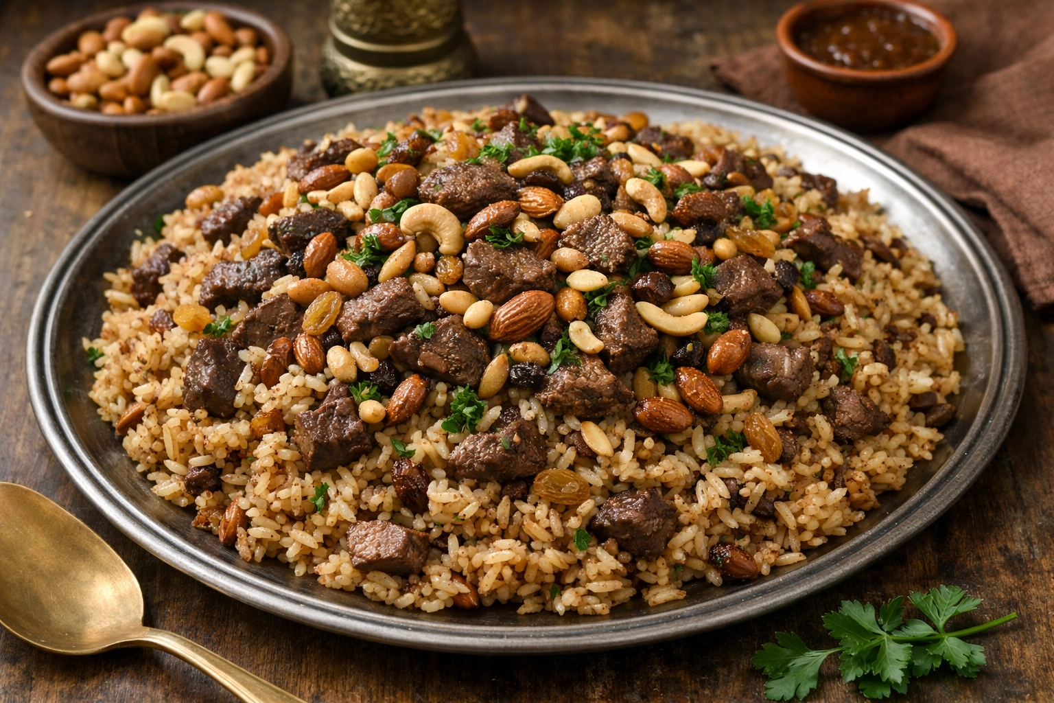 طريقة-عمل-طبق أرز مصري بالخلطة والكبدة والمكسرات، مزين باللوز المحمص والصنوبر، بجانب سلطة