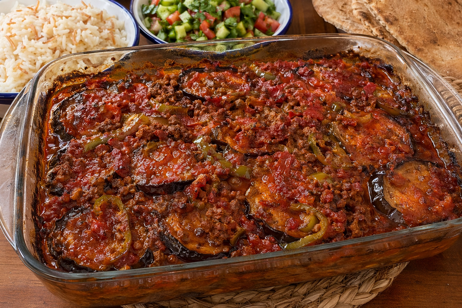طريقة-عمل-صينية مسقعة باللحمة المفرومة والباذنجان المقلي والصلصة الحمراء الغنية، تقدم مع الأرز الأبيض المصري والسلطة