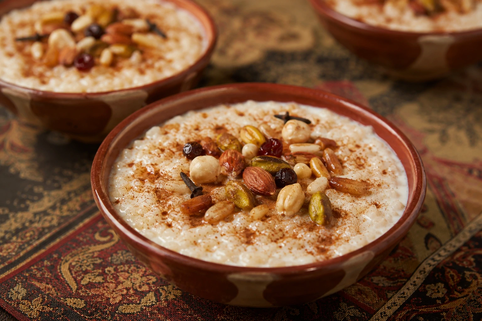 طبق أرز بالحليب مصري كريمي دافئ، سطحه مرشوش بالقرفة المطحونة والمكسرات الذهبية المحمصة، مع فصوص قرنفل عطرية، يقدم في أطباق خزفية صغيرة على مفرش شرقي مزخرف