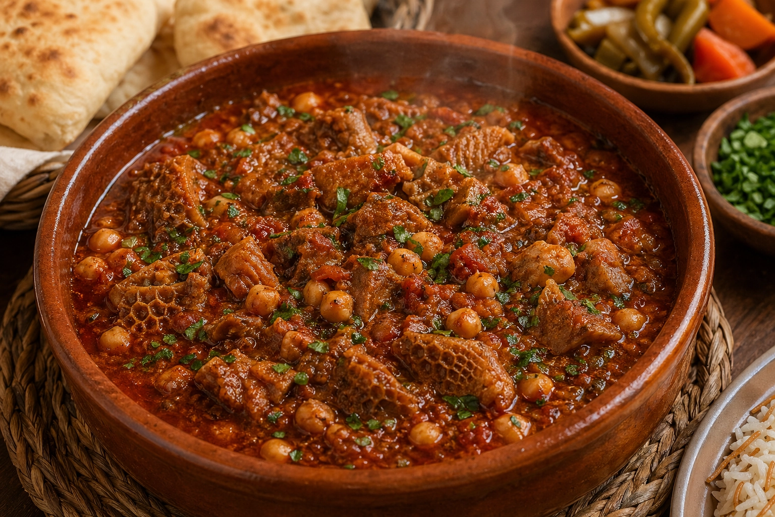 طريقة-عمل-طاجن كرشة مصرية مطهوة مع حمص وطماطم في صلصة حمراء داكنة بخار يتصاعد مع خبز بلدي