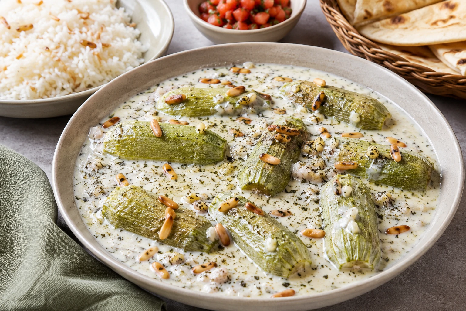 طبق كوسا باللبن والثوم الإماراتي، قطع كوسا متماسكة تسبح في مرق لبن زبادي كريمي مع الثوم والنعناع المجفف والصنوبر المحمص، يقدم مع أرز أبيض وخبز تنور