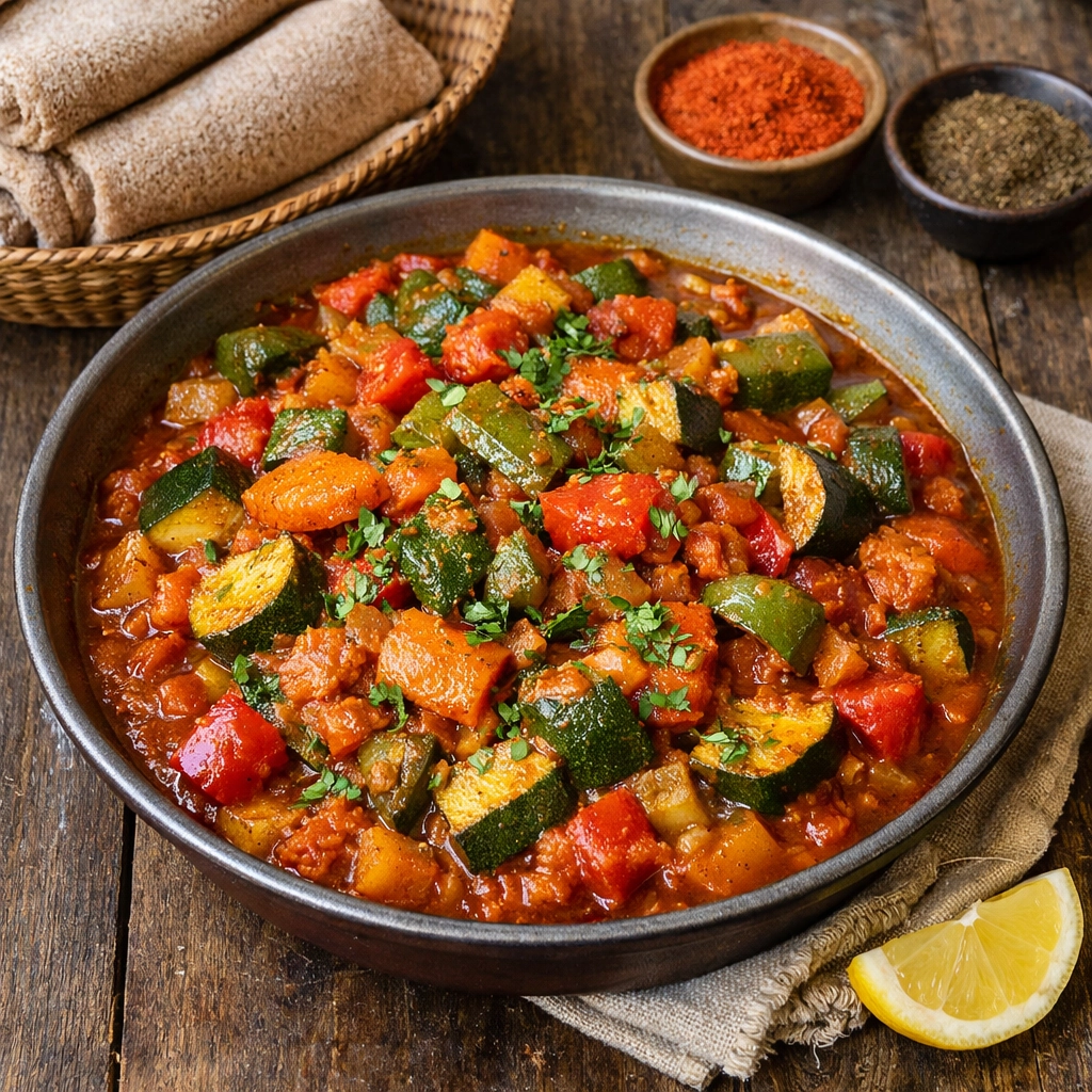طريقة-عمل-طبق زينيا الإريترية التقليدي - يخنة خضار غنية بالبهارات الحمراء والزنجبيل، تقدم مع خبز إنجيرا أو أرز