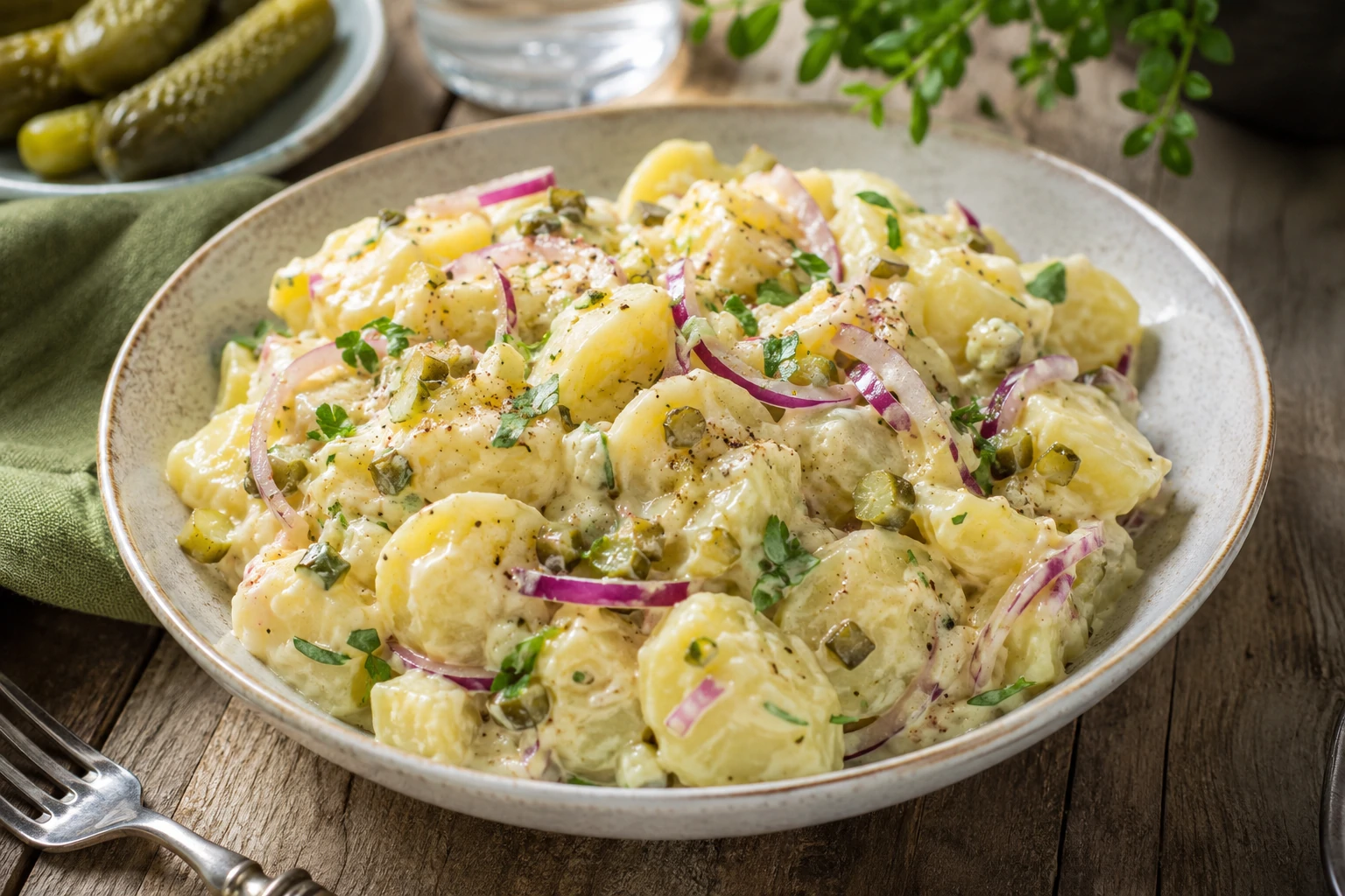 طبق سلطة بطاطا ألمانية باردة، قطع بطاطا طرية مغطاة بصوص المايونيز والخردل الكريمي، مع شرائح البصل الأحمر، مكعبات الخيار المخلل، البقدونس الطازج، ورشة من الفلفل الأسود، في طبق تقديم سيراميكي على طاولة حديقة