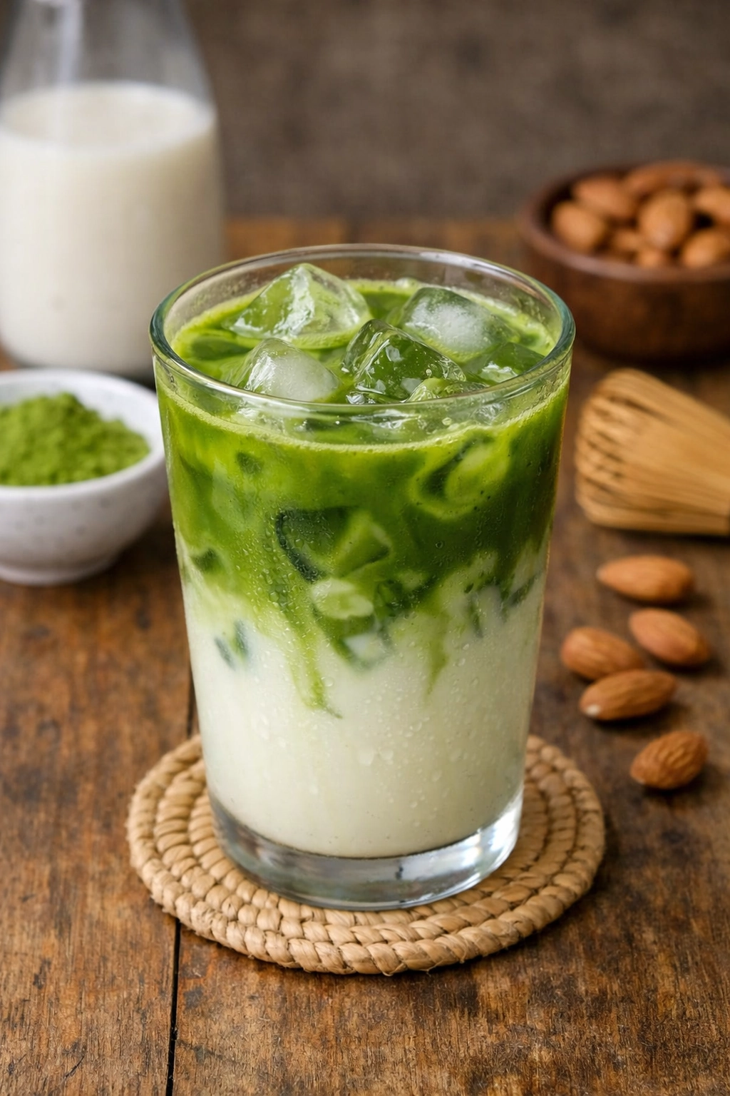 طريقة-عمل-ماتشا لاتيه بارد بحليب اللوز يُقدَّم في كوب زجاجي مع مكعبات ثلج ولون أخضر زاهي