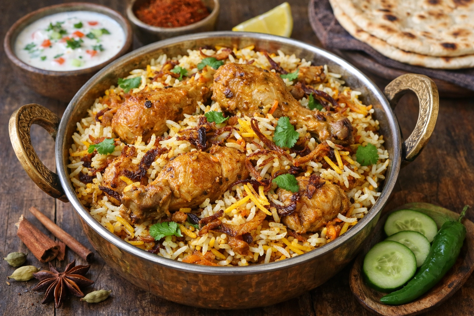 طريقة-عمل-طبق برياني دجاج هندي غني بالأرز البسمتي والدجاج المتبل والمكسرات، مزين بالكزبرة والبصل المقلي