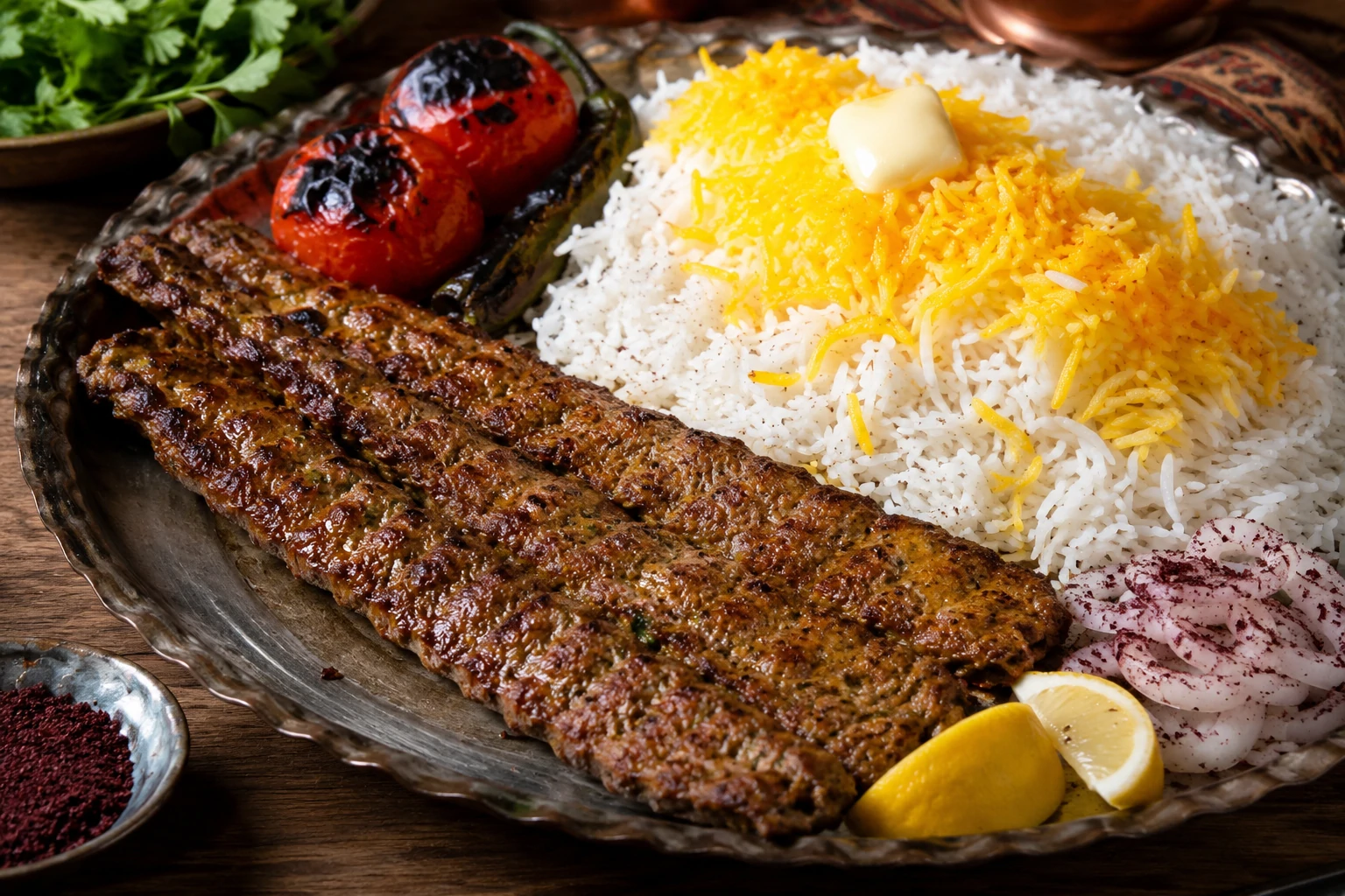سيخ كباب كوبيده إيراني طويل ذهبي مشوي على الفحم، لحم خروف مفروم معطر بالزعفران والبصل، مقدم على أرز بسمتي أبيض مفلفل مع الزعفران، طماطم مشوية، وفلفل حار، وقطعة زبدة على الأرز