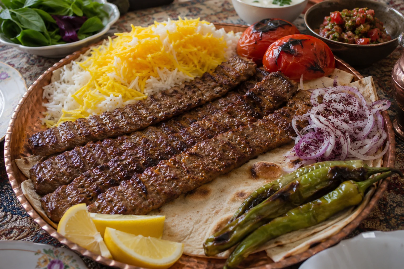 طبق نحاسي إيراني يحمل أسياخ كباب كوبيده الطويلة والعريضة المشوية على الفحم، لونها بني ذهبي تظهر عليها بقع سوداء من الجمر، تقدم فوق خبز التافتون أو اللافاش مع أرز زعفراني مفلفل، مزينة بشرائح الطماطم المشوية والفلفل الأخضر الحار وشرائح البصل السماقي والليمون، على مائدة فارسية تقليدية