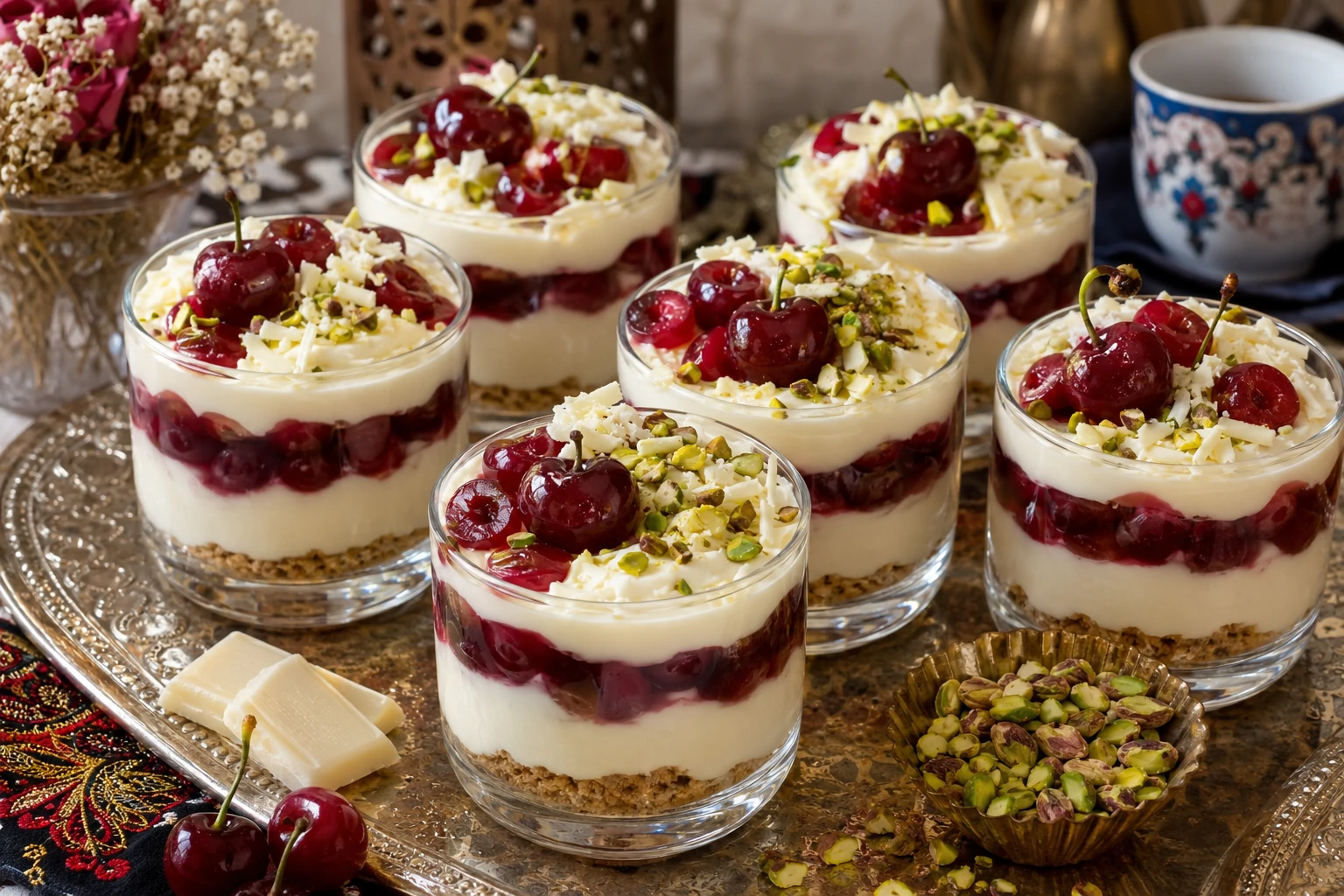 طبق حلوى كرز عراقية بالشوكولاتة البيضاء، طبقات كريمية ناعمة وقطع الكرز، مزينة بالفستق الحلبي وقطع الشوكولاتة البيضاء، تقدم في أطباق زجاجية على مائدة عراقية