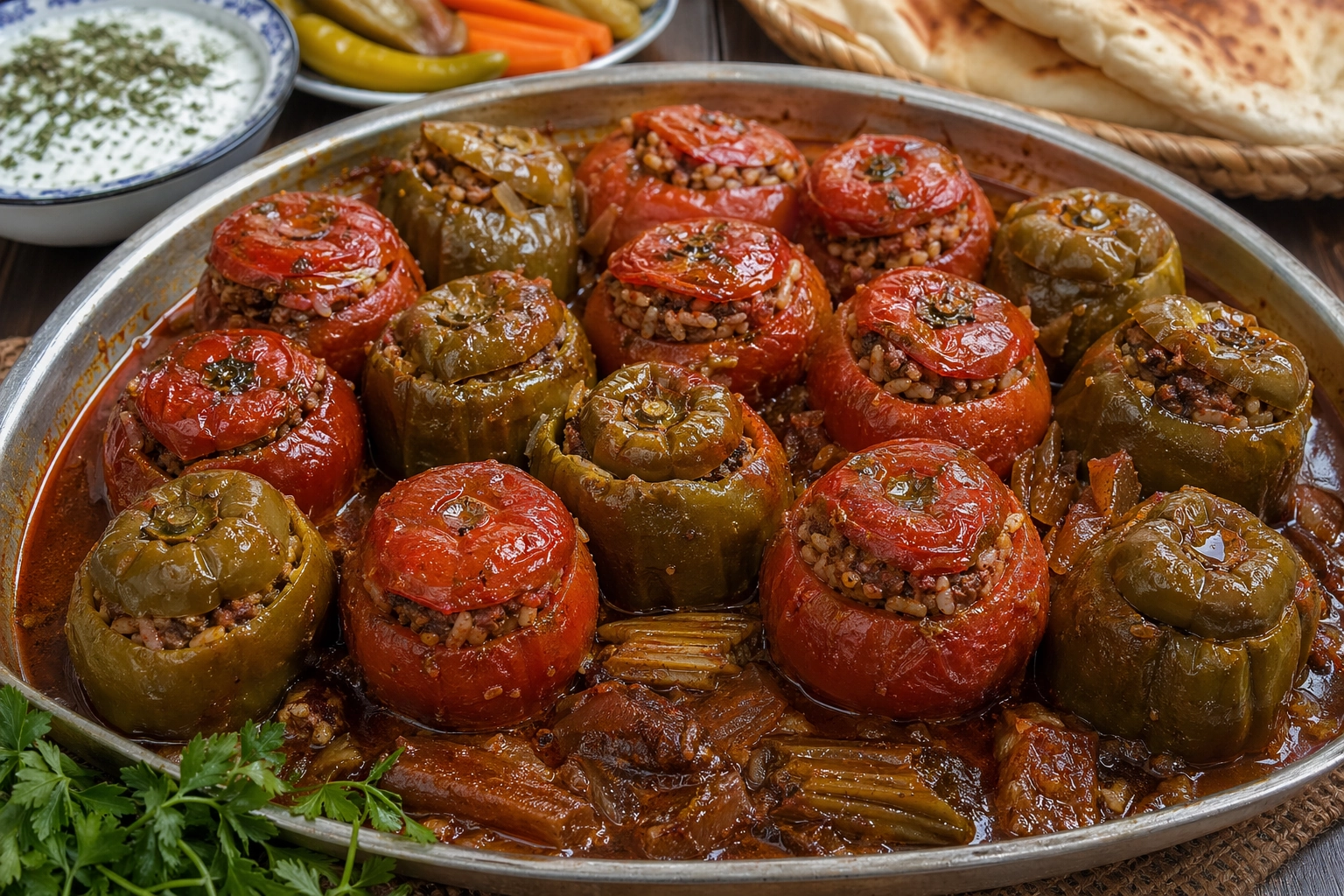 طريقة-عمل-طبق دولمة عراقي تقليدي بطماطم وفلفل أخضر محشو بحشوة لحم أرز متبلة بالتمر الهندي في صلصة حامضة حلوة داكنة