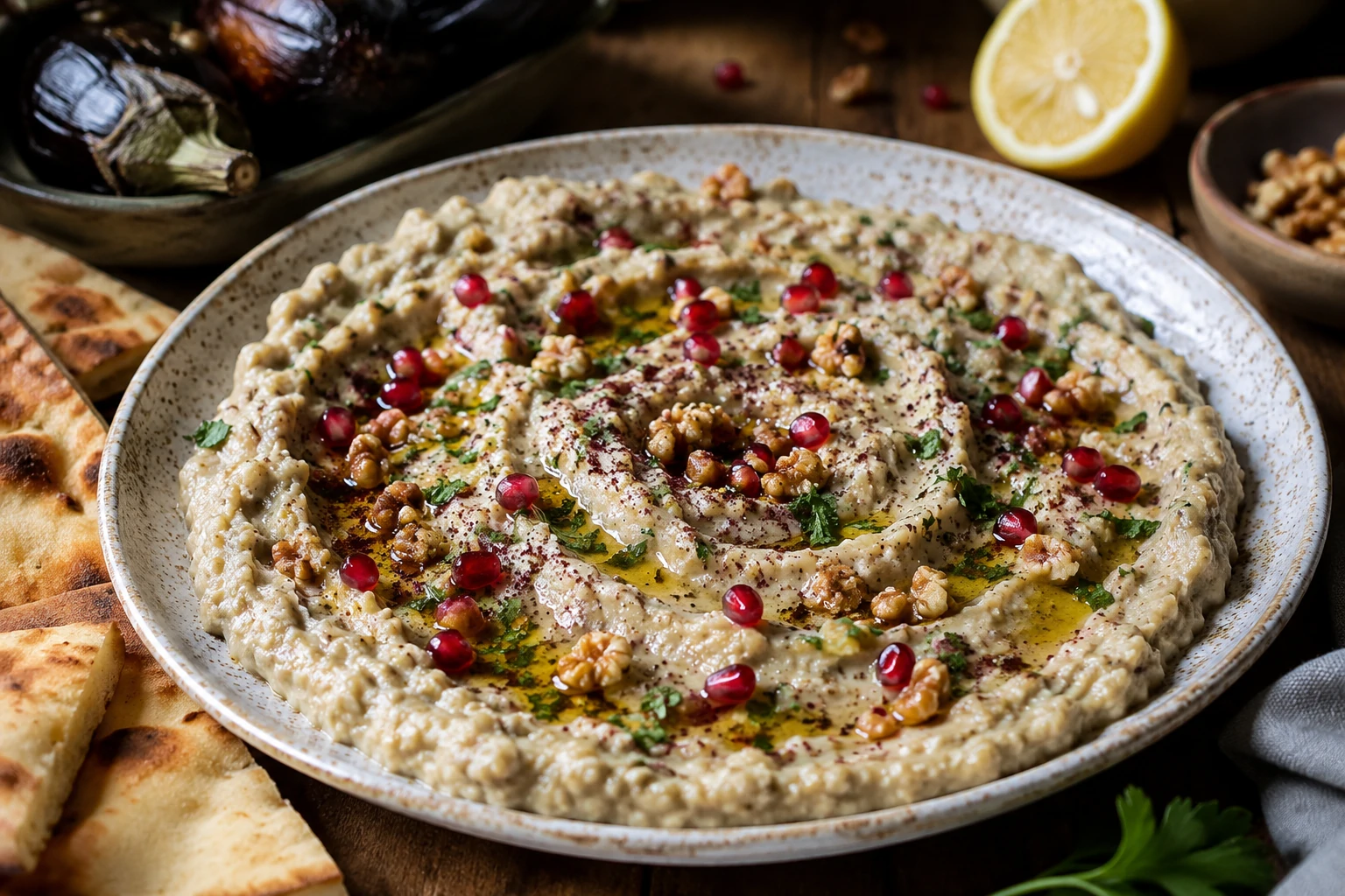 طريقة-عمل-متبل باذنجان عراقي مدخن بالطحينة والليمون، مزين بزيت الزيتون وحب الرمان والجوز المحمص، يقدم مع خبز التنور المحمص