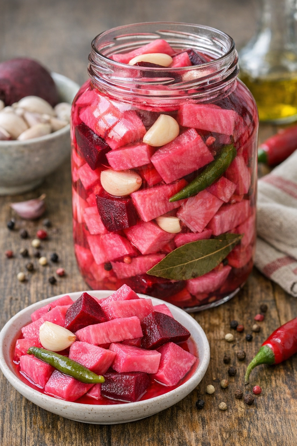 طريقة-عمل-برطمان طرشي لفت عراقي بلون زهري فاقع، مع قطع اللفت والشمندر والثوم والفلفل الحار