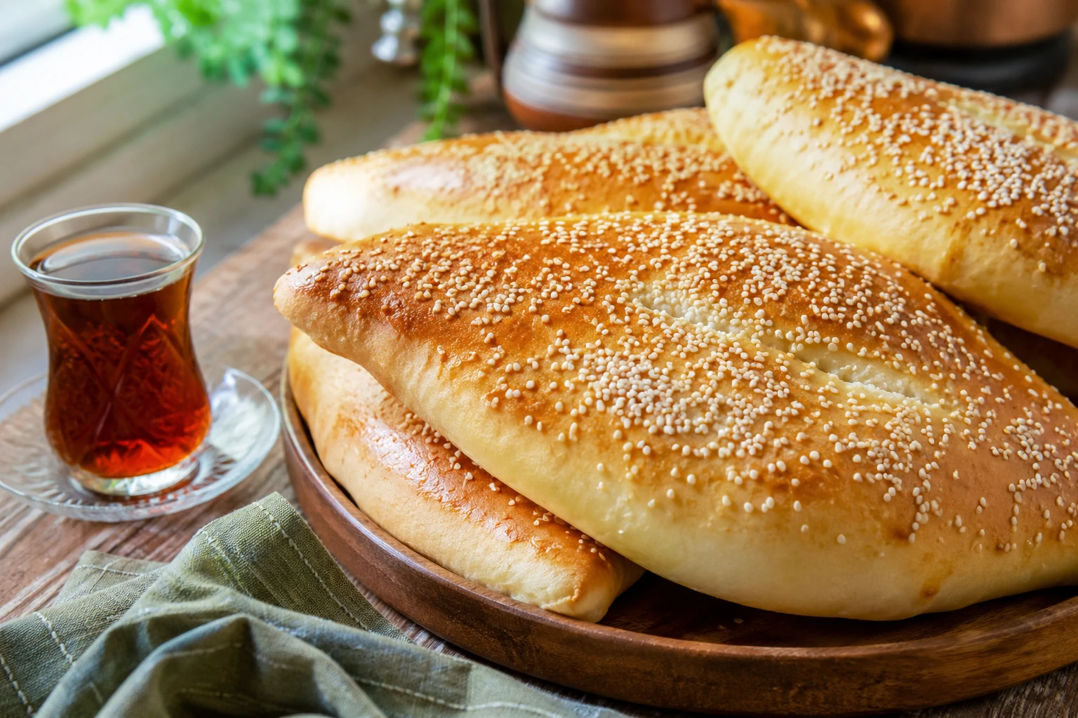 طريقة-عمل-خبز صمون عراقي هش وذهبي بالحليب والسمسم، أرغفة بيضاوية الشكل في طبق تقديم مع كوب شاي عراقي
