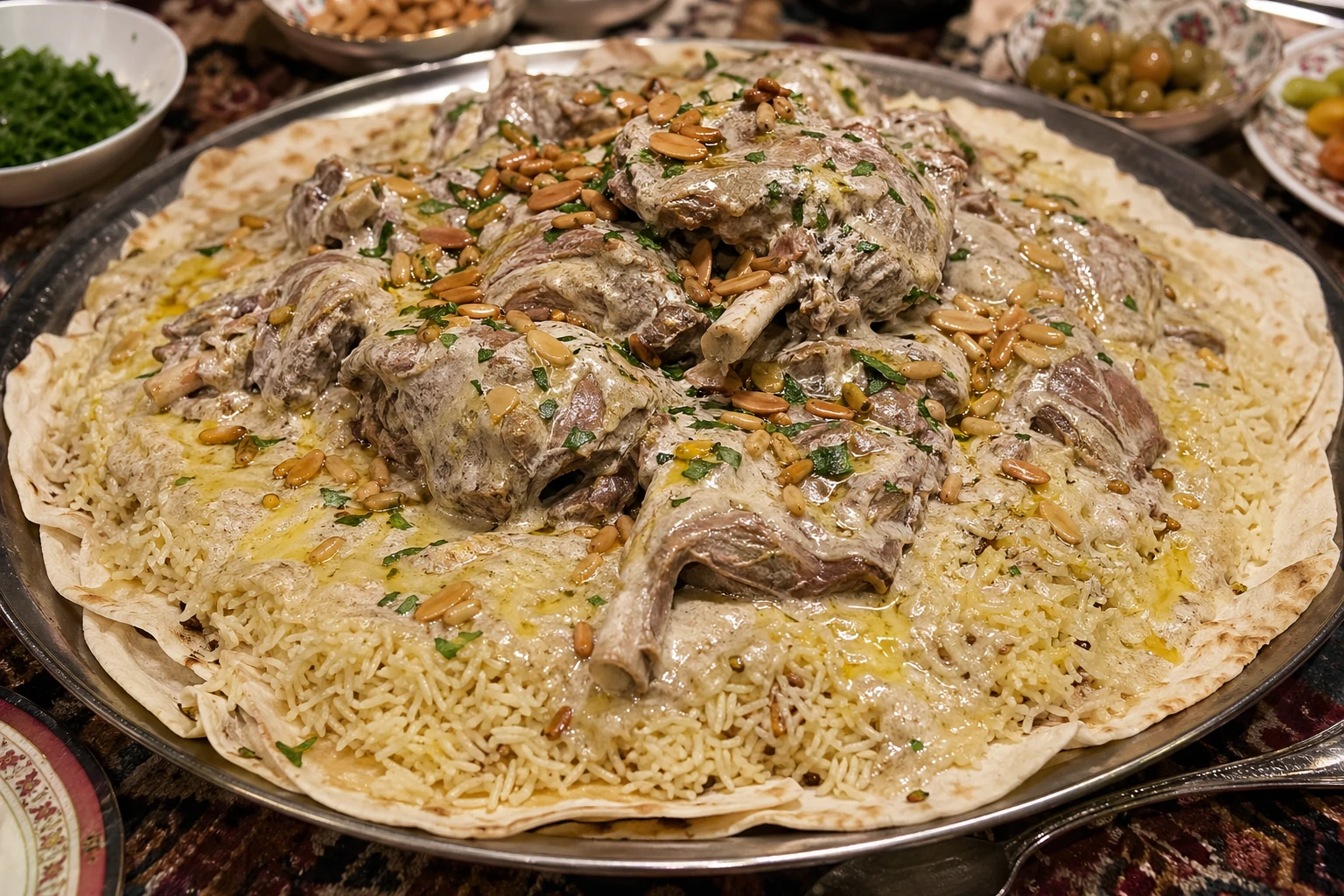 طبق منسف أردني بالجميد والسمن البري مع لحم ضأن وأرز مفلفل ورغيف شراك في صينية تقديم كبيرة