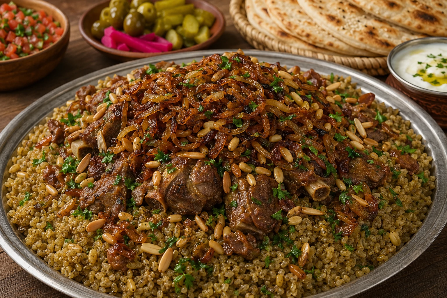 طبق فريك أردني بالبصل المكرمل والمكسرات، حبات الفريك الذهبية المفلفلة مع اللوز المحمص والبصل الذهبي المكرمل، يقدم مع لبن رائب وخبز عربي