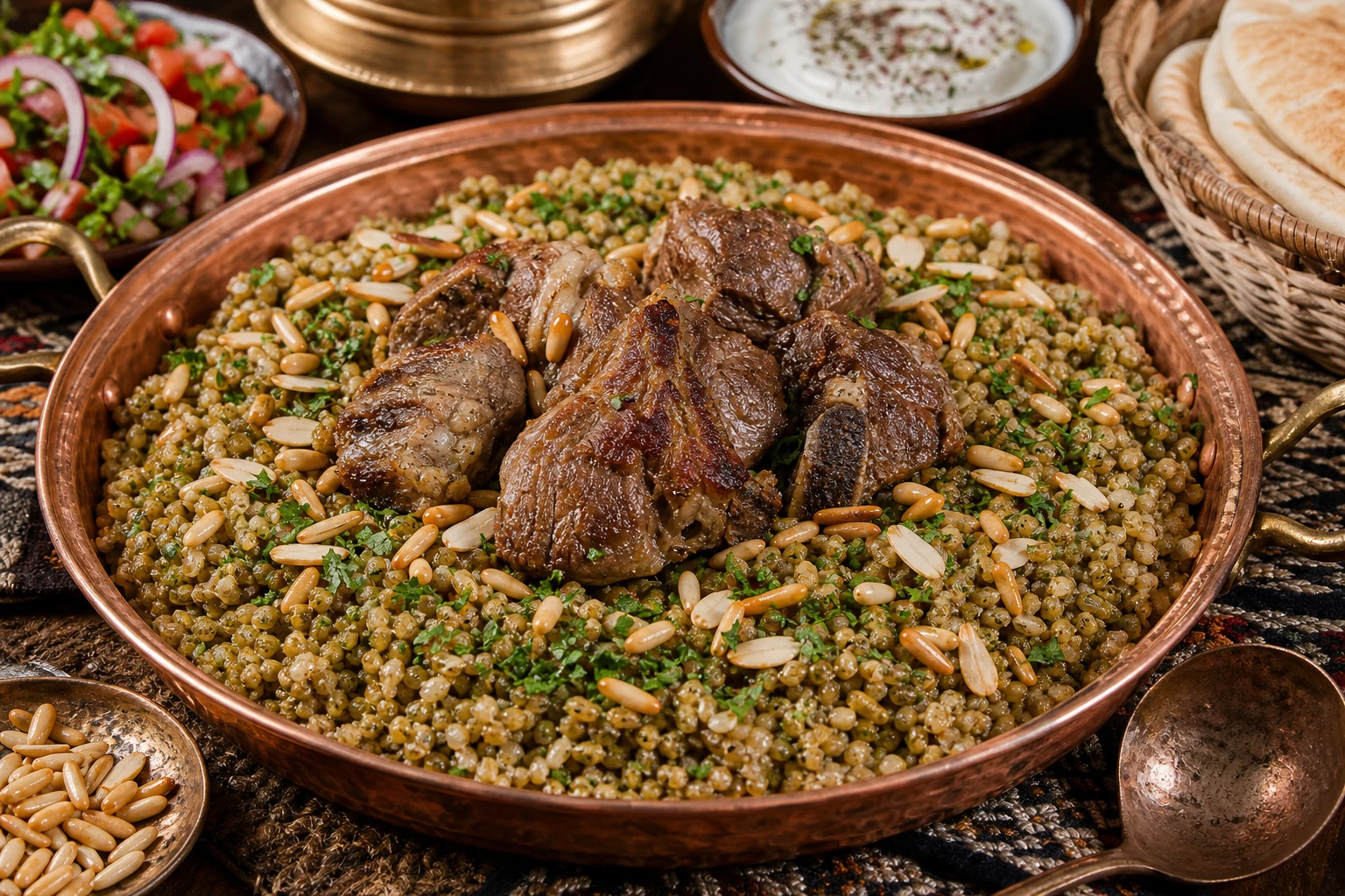 طبق فريكة أردني فاخر، حبوب فريكة خضراء مدخنة مفلفلة مع قطع لحم ضأن ذائبة وصنوبر محمص ولوز، مزين بالبقدونس الطازج في صينية تقديم نحاسية على مائدة أردنية تقليدية
