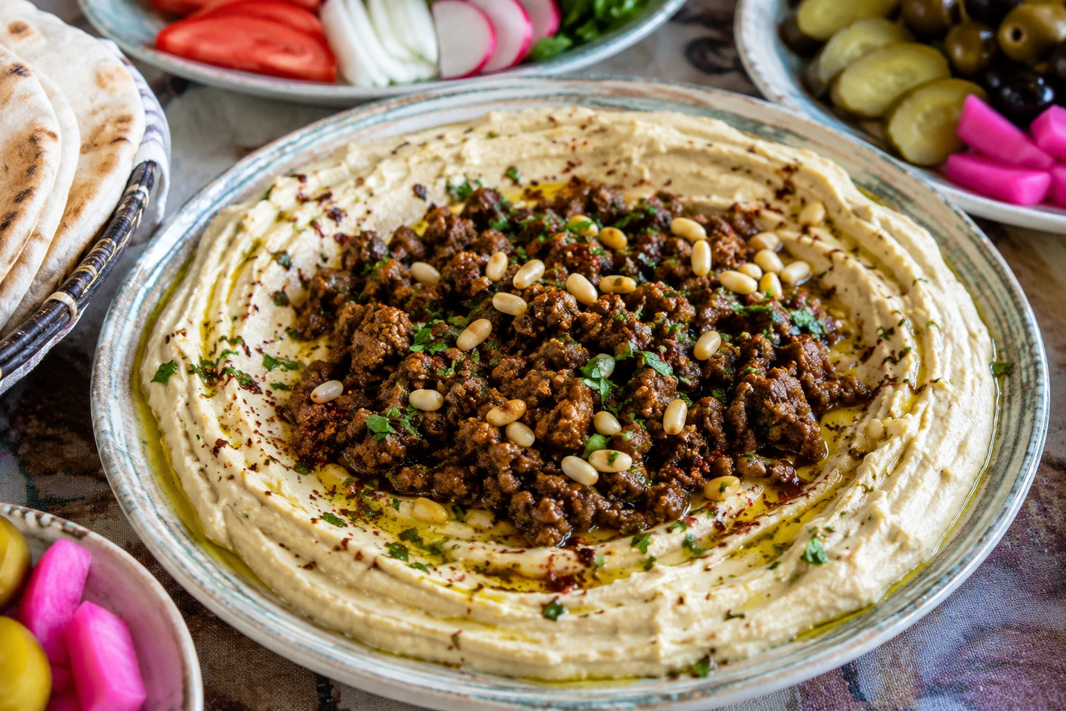 طبق حمص أردني كبير مغطى بطبقة سخية من اللحم المفروم المدخن والصنوبر الذهبي، مع زيت زيتون ورقائق فلفل أحمر، يقدم مع خبز طازج على مائدة أردنية تقليدية