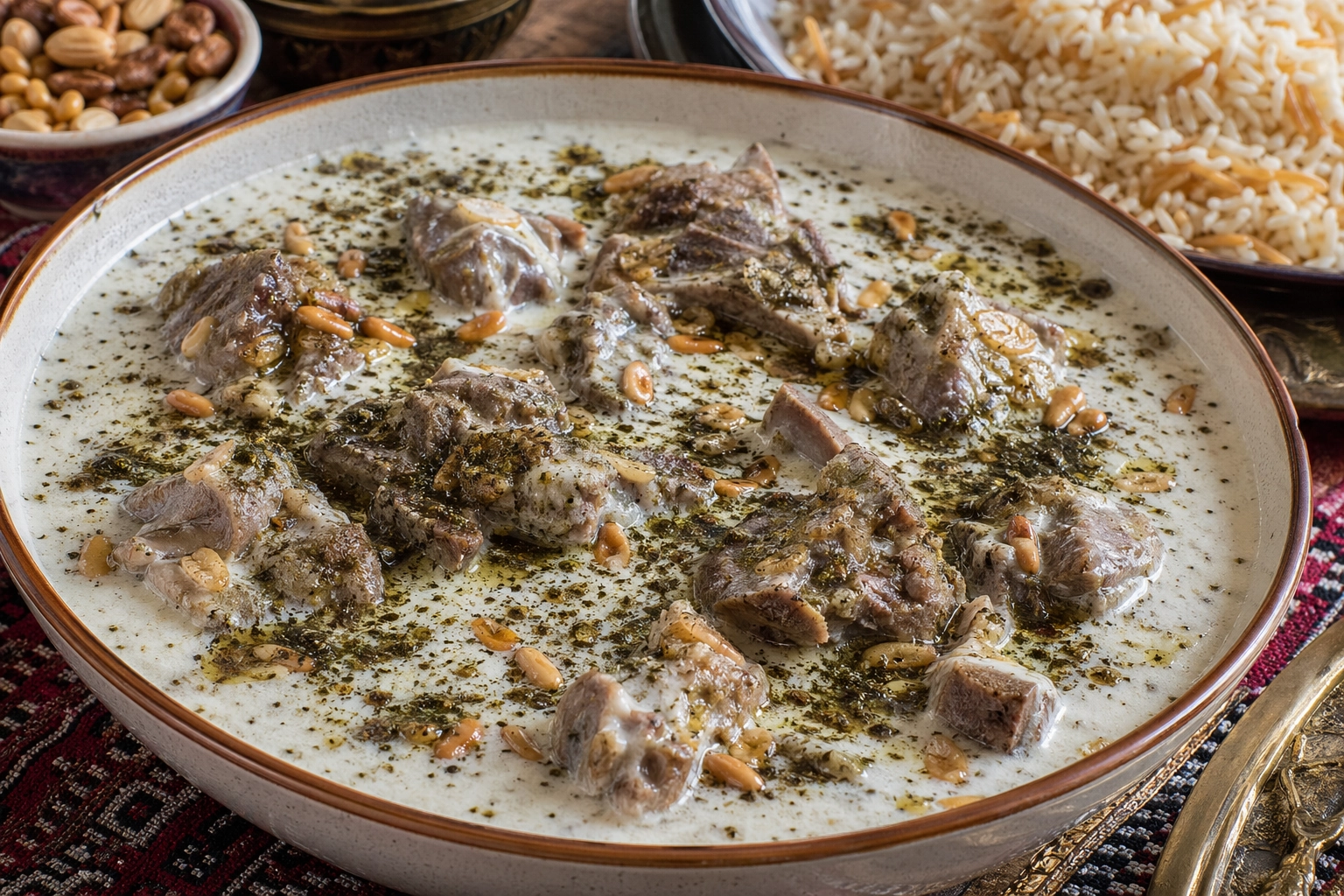 طريقة-عمل-طبق لبنية أردني تقليدي بقطع اللحم الضاني في مرق زبادي كريمي مع النعناع الجاف والأرز المفلفل