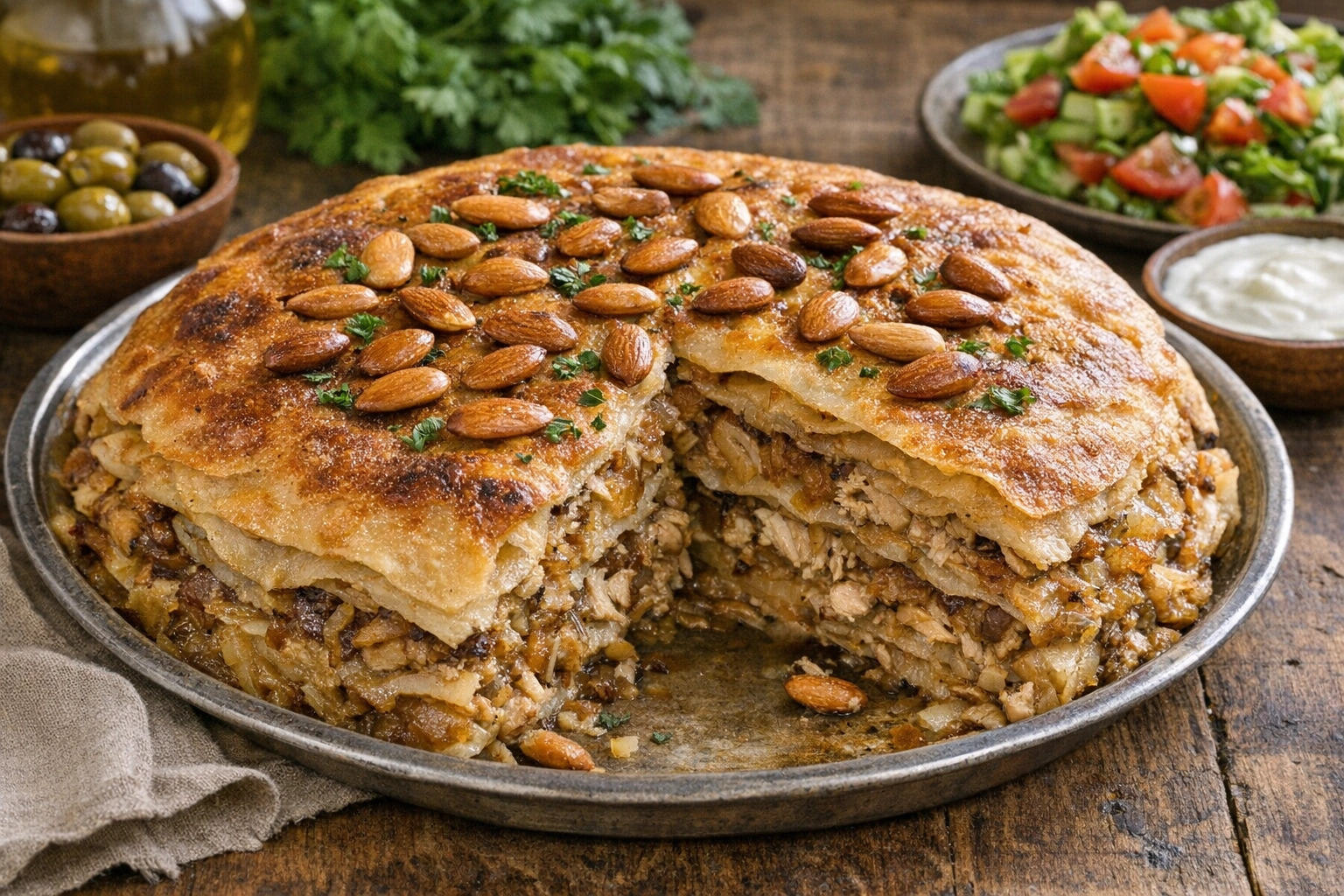 طريقة-عمل-صينية مكمورة أردنية ذهبية اللون مع طبقات من العجين الرقيق المحشو بالدجاج والبصل المكرمل، مزينة باللوز المحمص