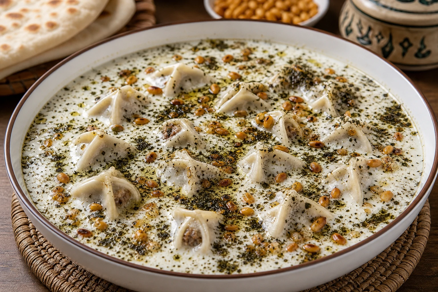 طبق تشيش برك أردني تقليدي بحبات البرك المحشوة باللحم تسبح في مرق اللبن الساخن المزين بالنعناع الجاف والصنوبر المحمص