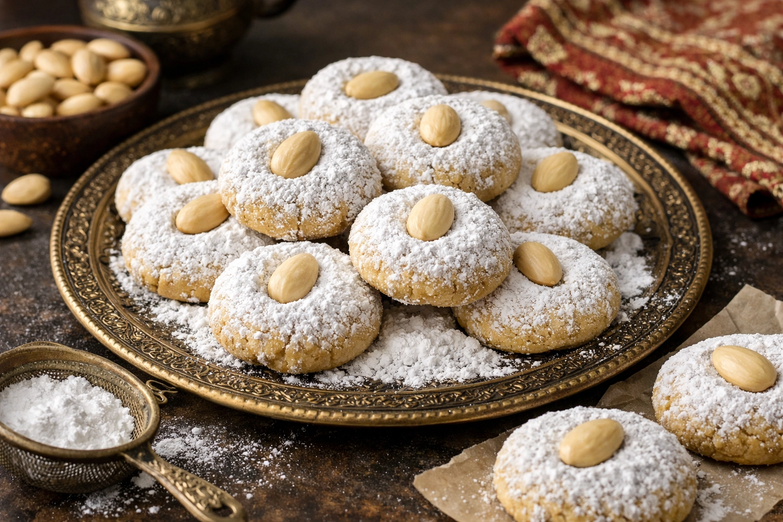 طريقة-عمل-كحك العيد باللوز الأبيض المقشر، مرشوش بالسكر البودرة، مع حبات لوز كاملة على الوجه وأوراق لوز أخضر
