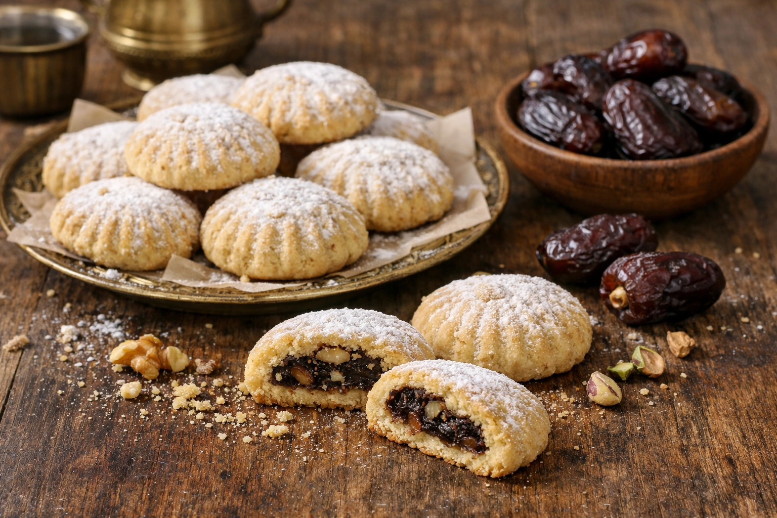طريقة-عمل-كحك العيد المحشو بالتمر (العجوة) والمكسرات، مع تمر مجفف وجوز على الجانب