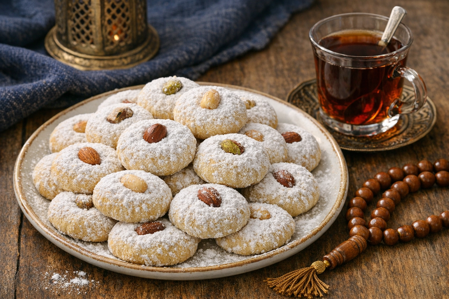 طريقة-عمل-طبق من كحك العيد المصري التقليدي محشو بالمكسرات المشكلة، مرشوش بالسكر البودرة، بجانب كوب شاي ومسبحة رمضان