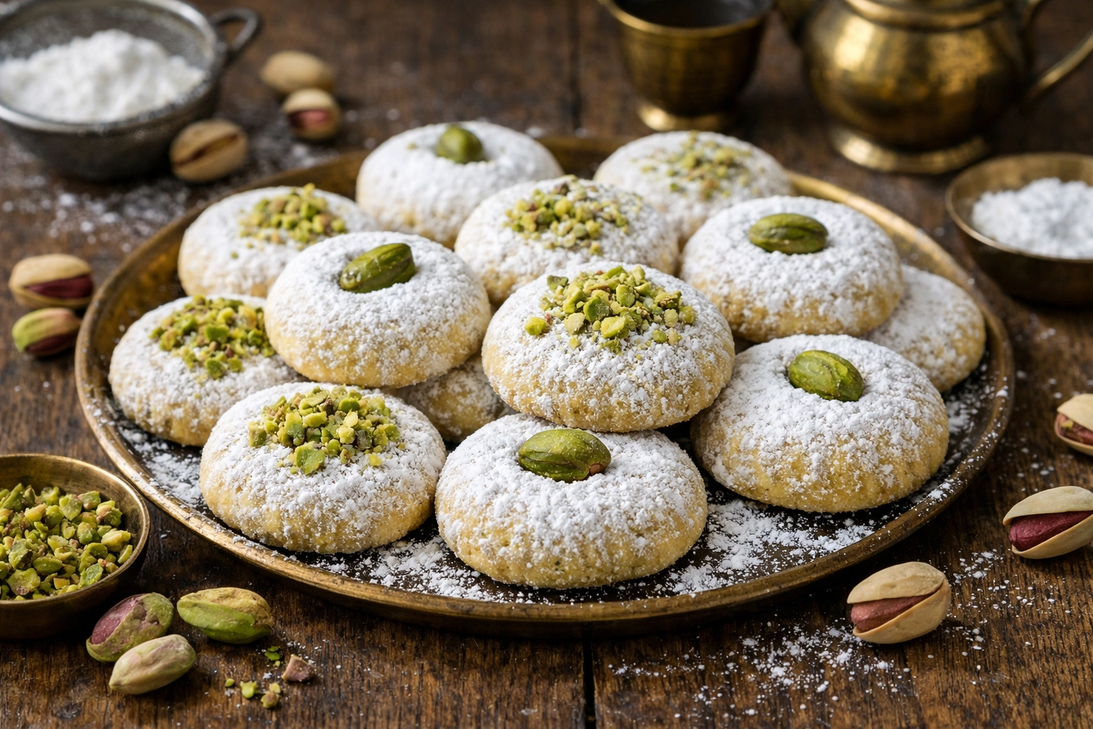 طريقة-عمل-كحك العيد بالفستق الحلبي الأخضر، مرشوش بالسكر البودرة، مع حبات فستق مطحونة خضراء على الوجه وكوب قهوة تركية