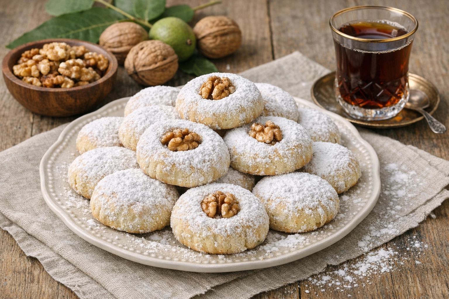 طريقة-عمل-كحك العيد المصري المحشو بالجوز، مرشوش بالسكر البودرة، مع حبات جوز كاملة على الوجه وكوب شاي مصري