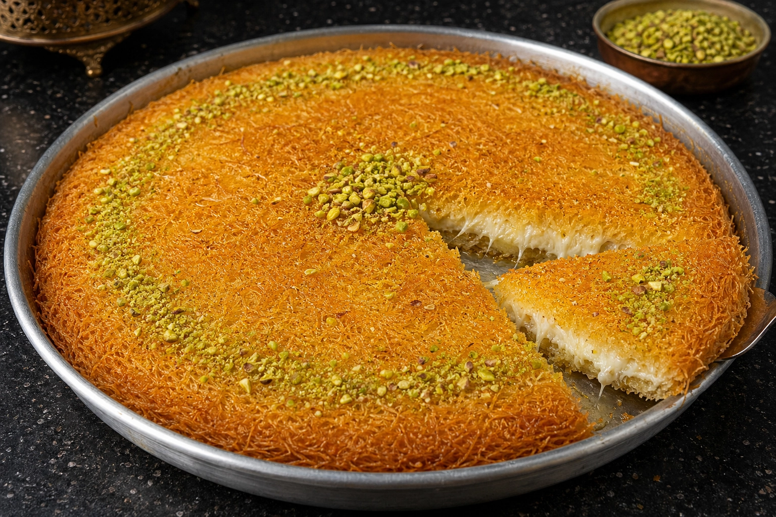 كنافة سادة ذهبية مقرمشة في صينية دائرية مع قطر ساخن وفستق حلبي مطحون على الوجه