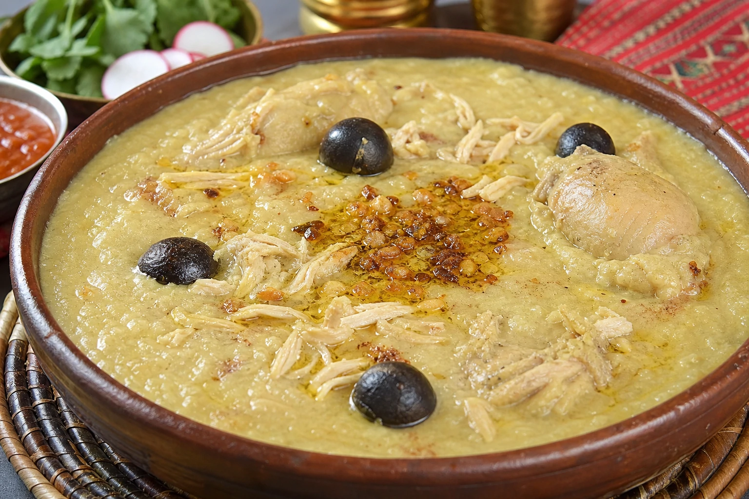 طبق عوال كويتي تقليدي بعصيدة الأرز الكريمية مع الدجاج المطهو ببطء والليمون الأسود والبهارات الخليجية يقدم في طبق فخاري عميق
