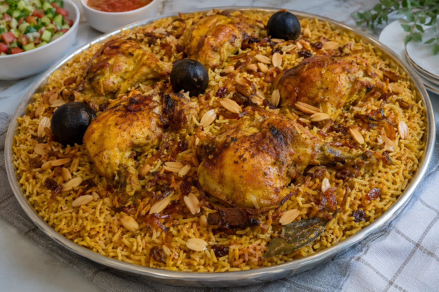 طريقة-عمل-طبق مجبوس الدجاج الكويتي الأصفر المفلفل مع أرز مبخر ومزين بالليمون المجفف والزعفران والمكسرات الذهبية