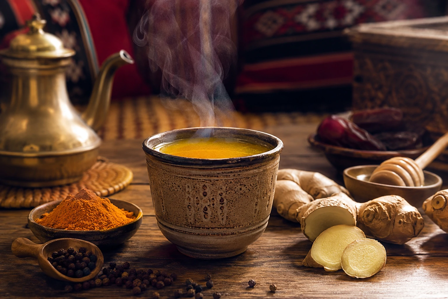 فنجان فخاري كويتي يحتوي على مشروب الزنجبيل الذهبي بالكركم والفلفل الأسود، يتصاعد منه بخار ساخن، مع جذور زنجبيل طازج وكركم مطحون وحبات فلفل أسود على طاولة خشبية كويتية
